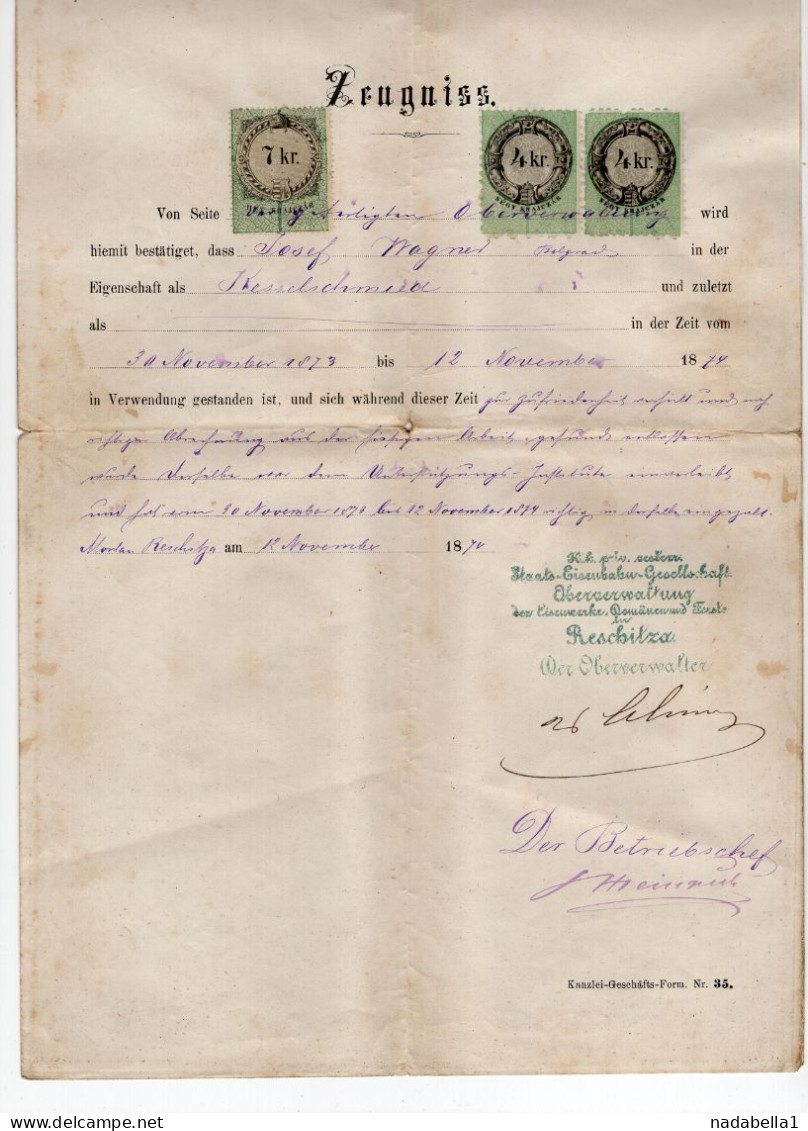 1874. AUSTRIA,STATE RAILWAYS PERMISSION FOR ENGINEER JOSEF WAGNER,BELGRADE,7 KR + 2 X 4 KR. REVENUE STAMPS - Fiscaux