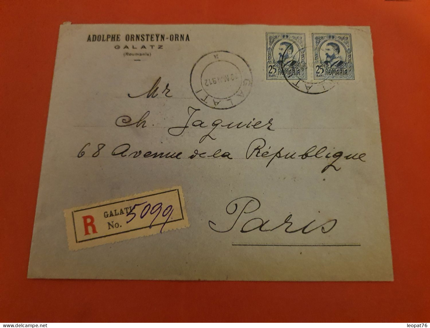 Roumanie - Enveloppe Commerciale De Galatz En Recommandé Pour Paris En 1912 - D 313 - Cartas & Documentos