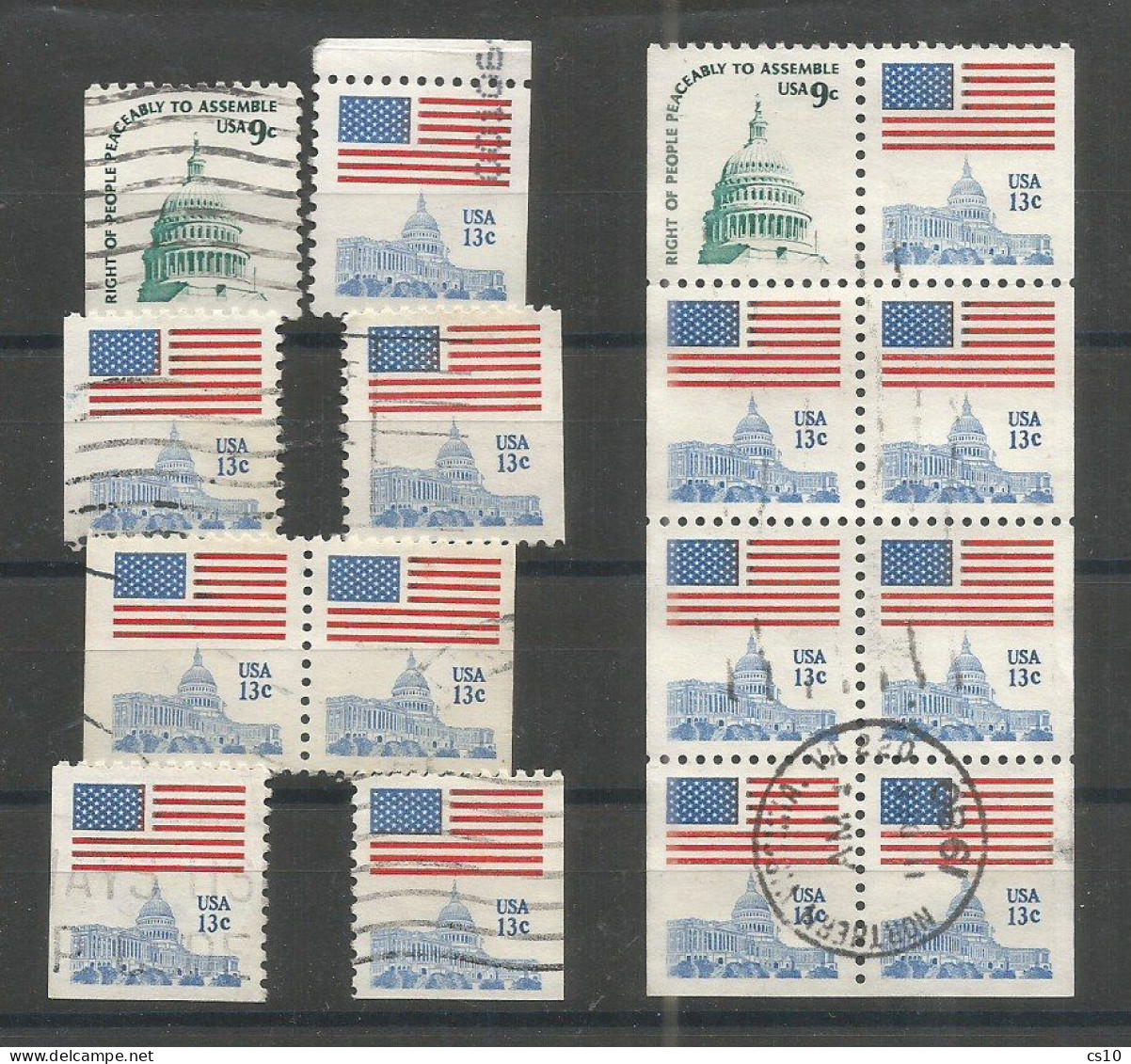 USA 1975 Americana C.9+c.13 Perf.11 Cpl Booklet Issue . Booklet Pane Used 1980 + Pair + L/R On 2/3 Sides Incl. Upper Pcs - Stroken En Veelvouden