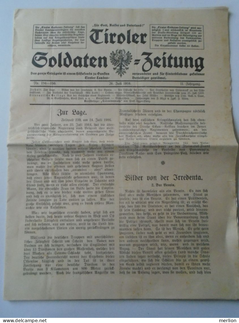 ZA478.12  Tiroler Soldaten Zeitung  26 Juli 1916 WWI  Letze Krieg  -Grande Guerre -World War I Newspaper  Tirol Austria - Allemand