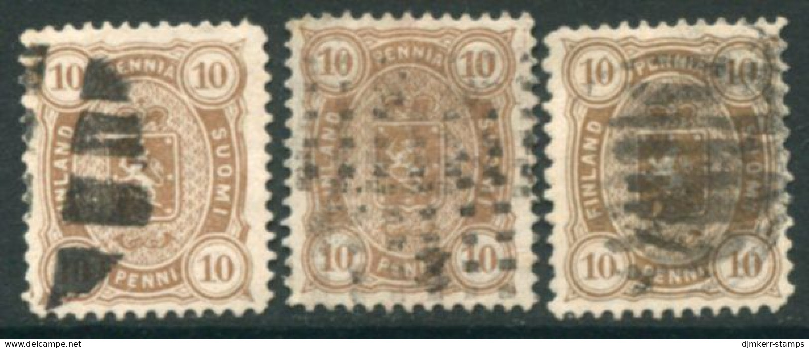 FINLAND 1881-82 10 P. Perforated 12½ Used With Cork Or Wooden Cancellers (3).  Michel 15By - Usados