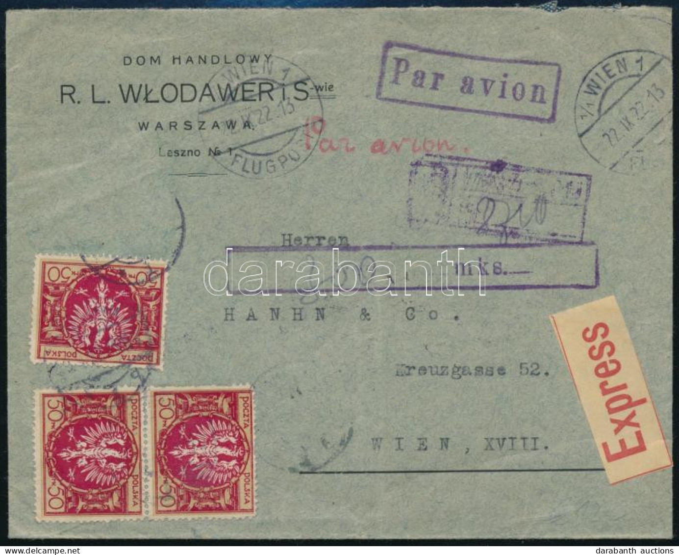 Lengyelország 1922 Expressz Légiposta Levél Bélyeges és Készpénzes Vegyes Bérmentesítéssel Varsóból Bécsbe, RR! - Autres & Non Classés