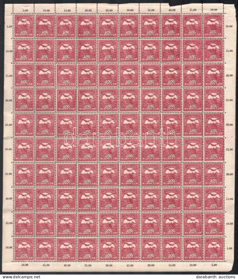 ** 1904 Turul 50f Sötétborvörös Hajtatlan Teljes ív 1. Vízjelállás (60.000) / Mi 85b Complete Sheet - Autres & Non Classés