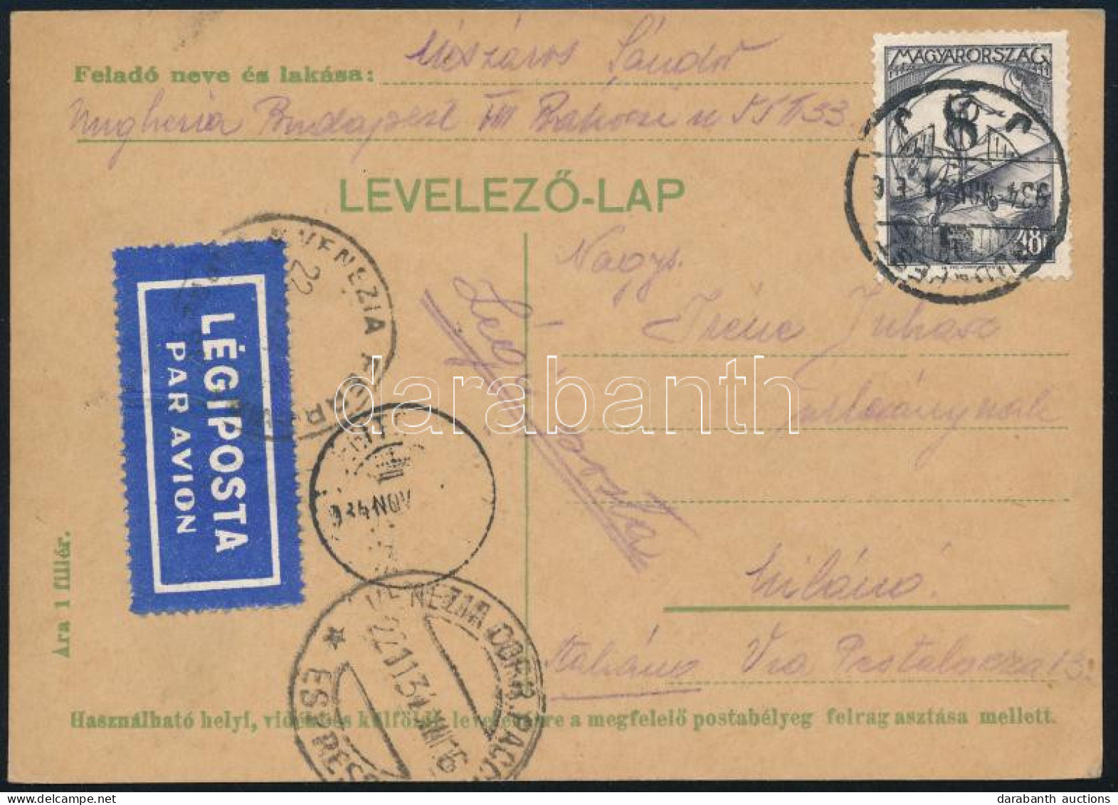 1934 Légi Levelezőlap Repülő 48f Bérmentesítéssel Milánóba Küldve / Airmail Postcard With 48f Franking To Milano - Autres & Non Classés