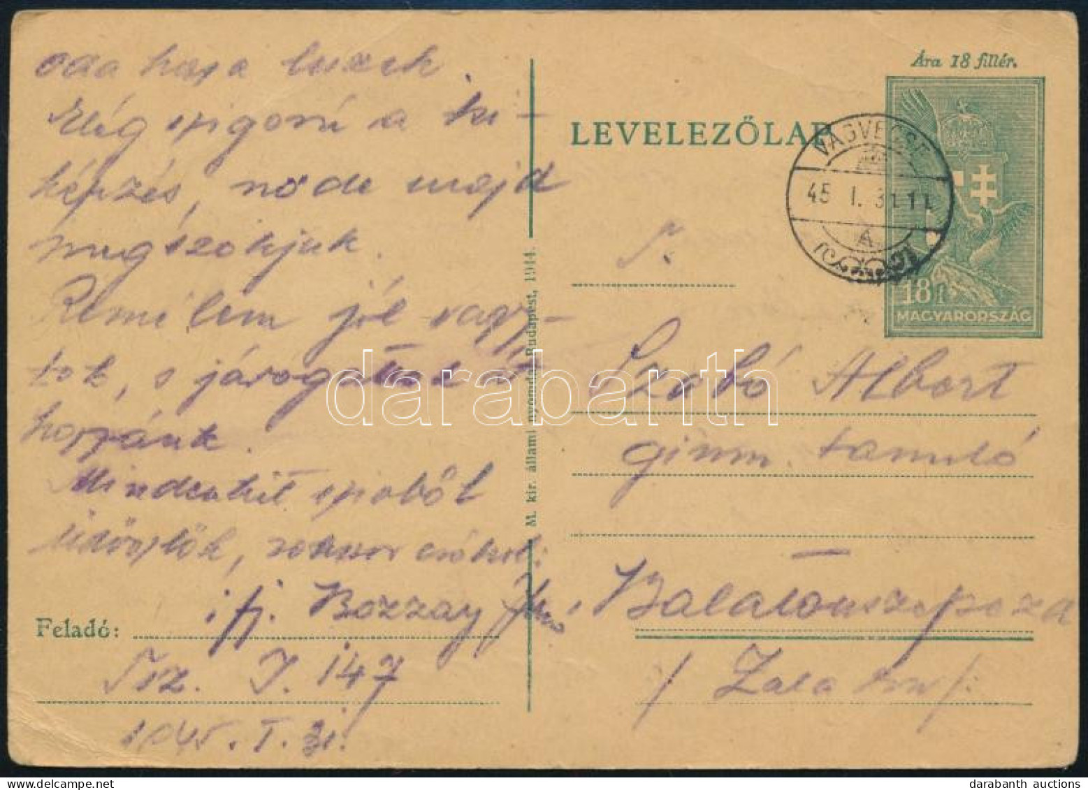 1945.01.31. Vágvécséről Küldött Levelezőlap Balatonszepezdre, Még Magyar Feladási Bélyegzővel - Other & Unclassified