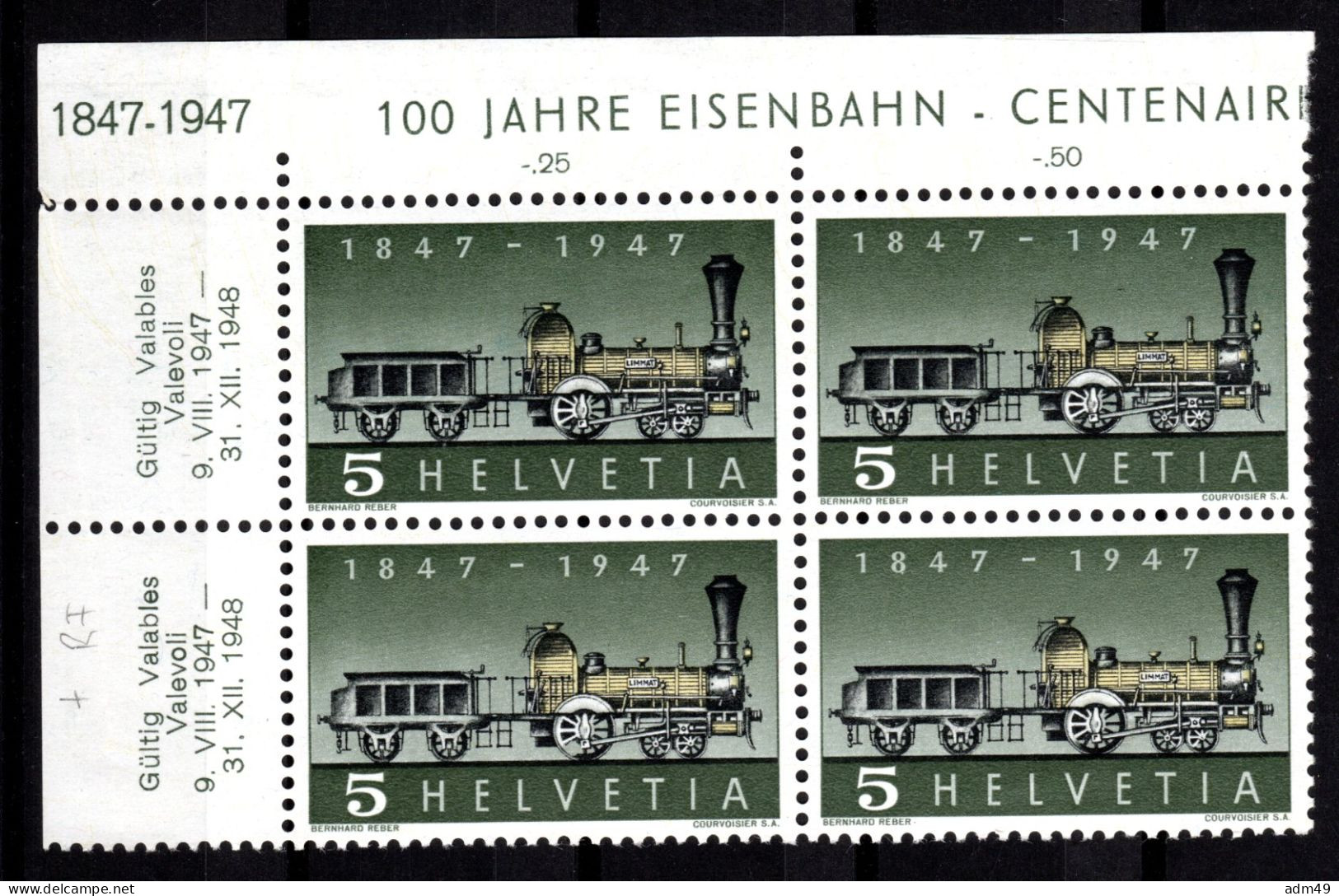 SCHWEIZ ABARTEN, 1947 Erste Dampflokomotive, Fehlende Speiche, Viererblock Postfrisch ** - Abarten