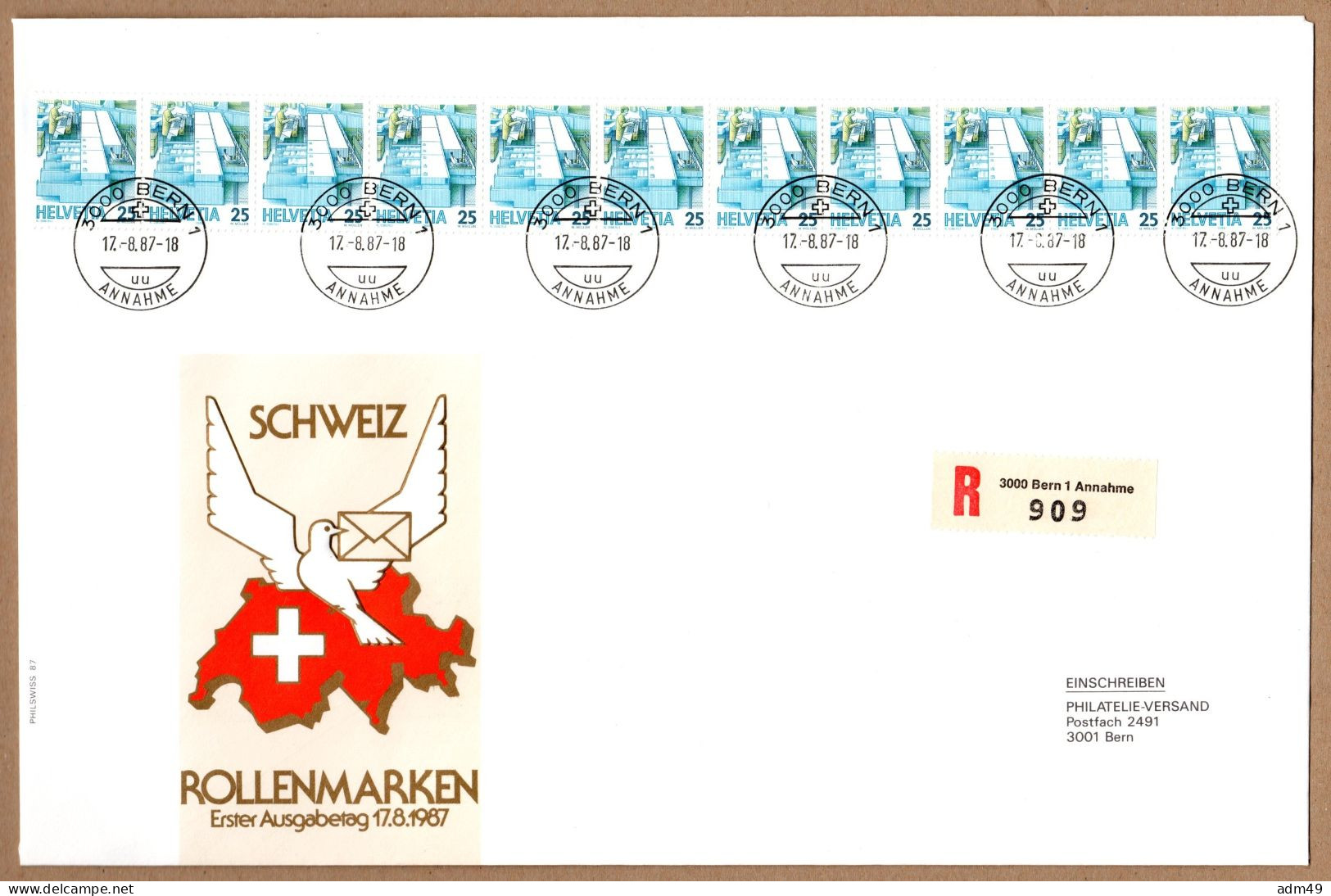 SCHWEIZ, 1987 Rollenmarken-FDC - Rouleaux