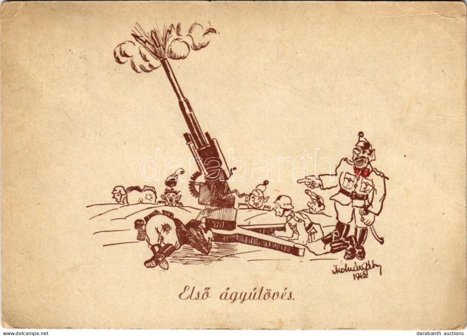 T2/T3 1943 Első ágyúlövés. Katonai Humor Képeslap / Hungarian Military Humour Art Postcard S: Molnár Gábor (EB) - Unclassified