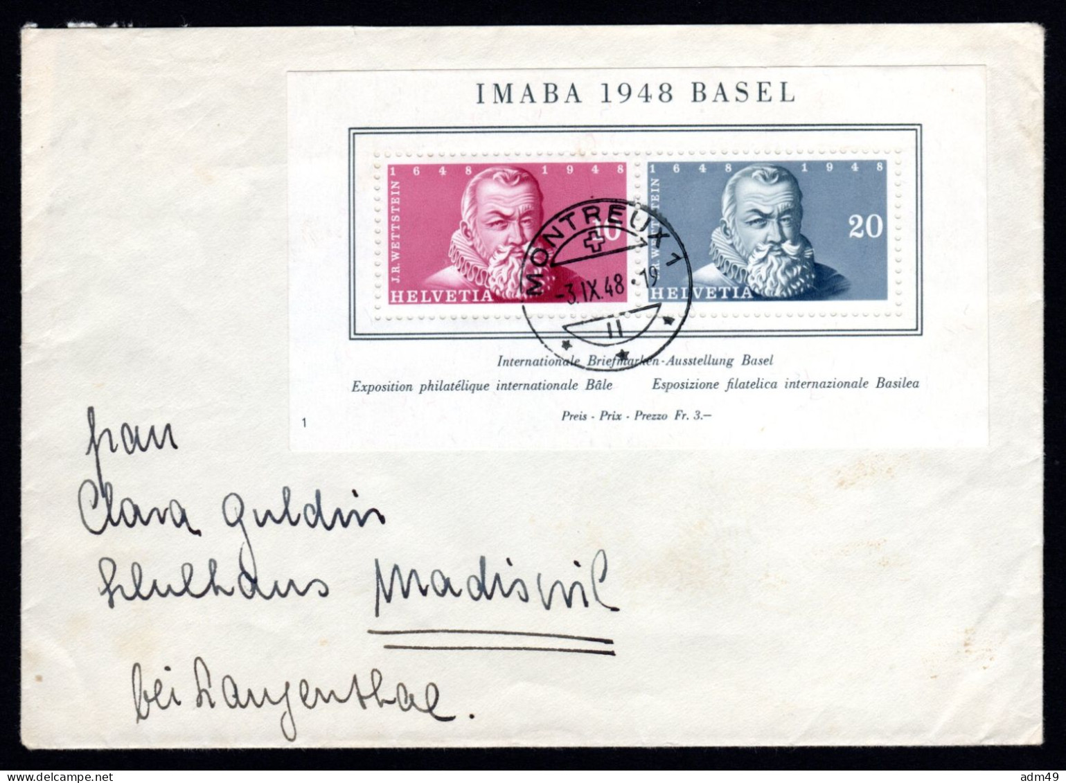 SCHWEIZ, WIII 1948 Block IMABA Auf Brief - Briefe U. Dokumente