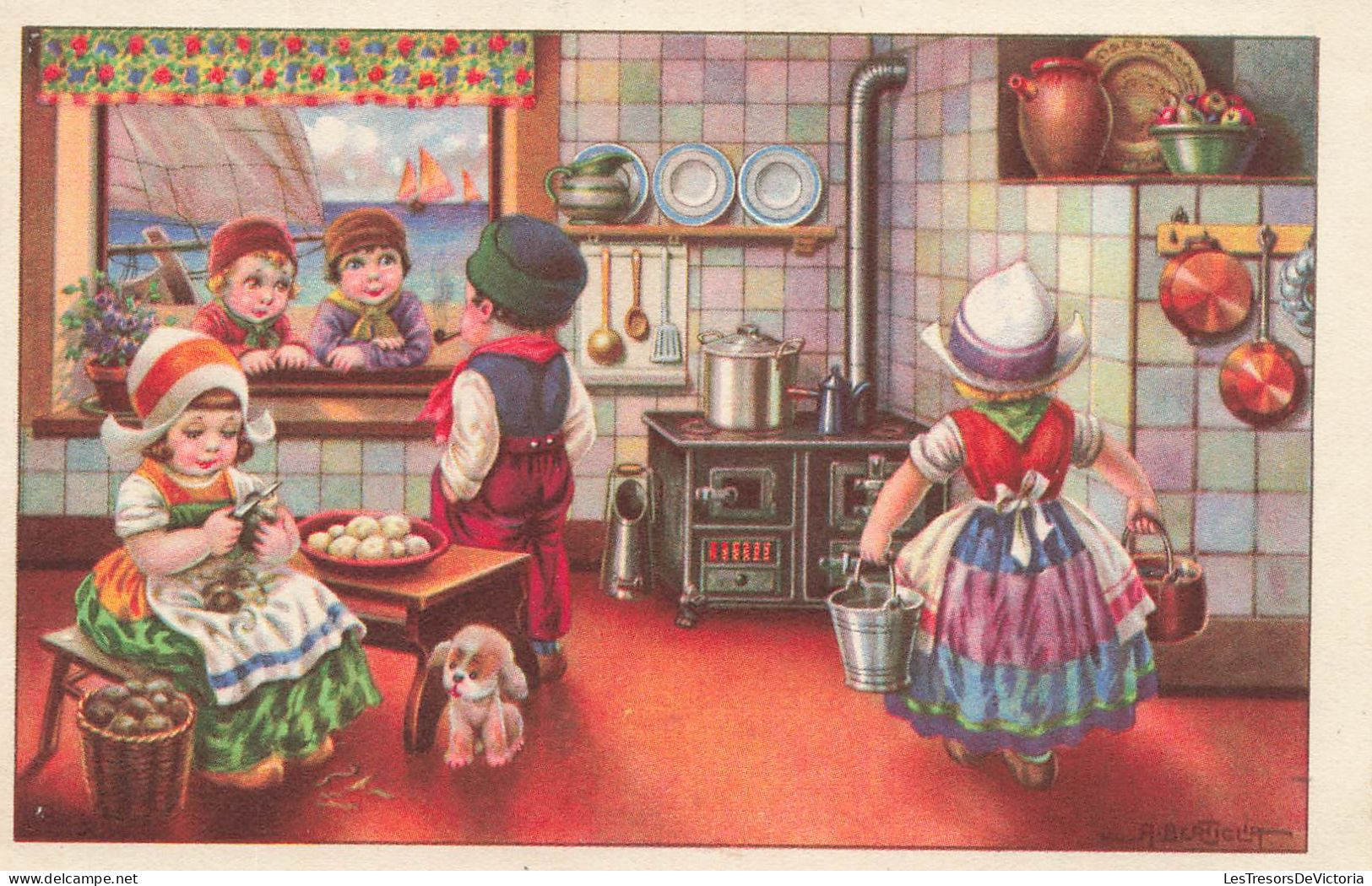 ILLUSTRATEUR SIGNE - Aurélio Bertiglia -La Cuisine De L'auberge - Carte Postale Ancienne - Bertiglia, A.