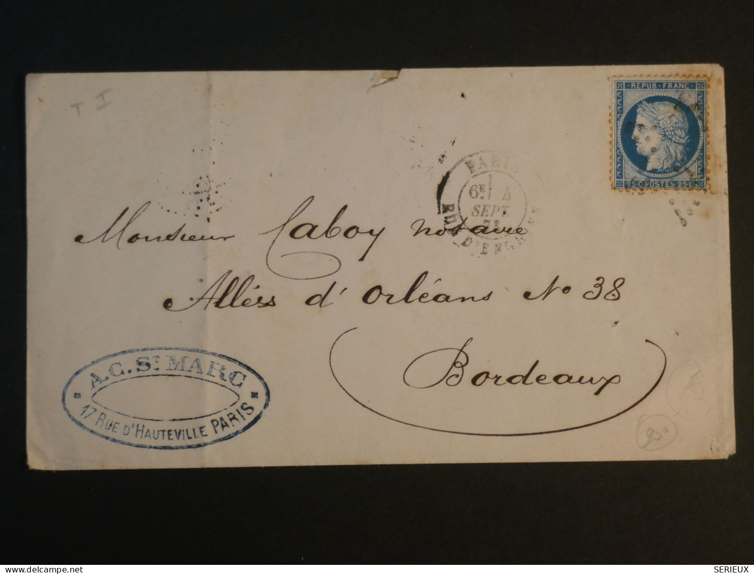 DD0  FRANCE  TRES BELLE  LETTRE 1873  ETOILE DE PARIS N°4 A  BORDEAUX  +CERES N°60 +CACHET BLEU + +AFF. INTERESSANT + - 1849-1876: Période Classique