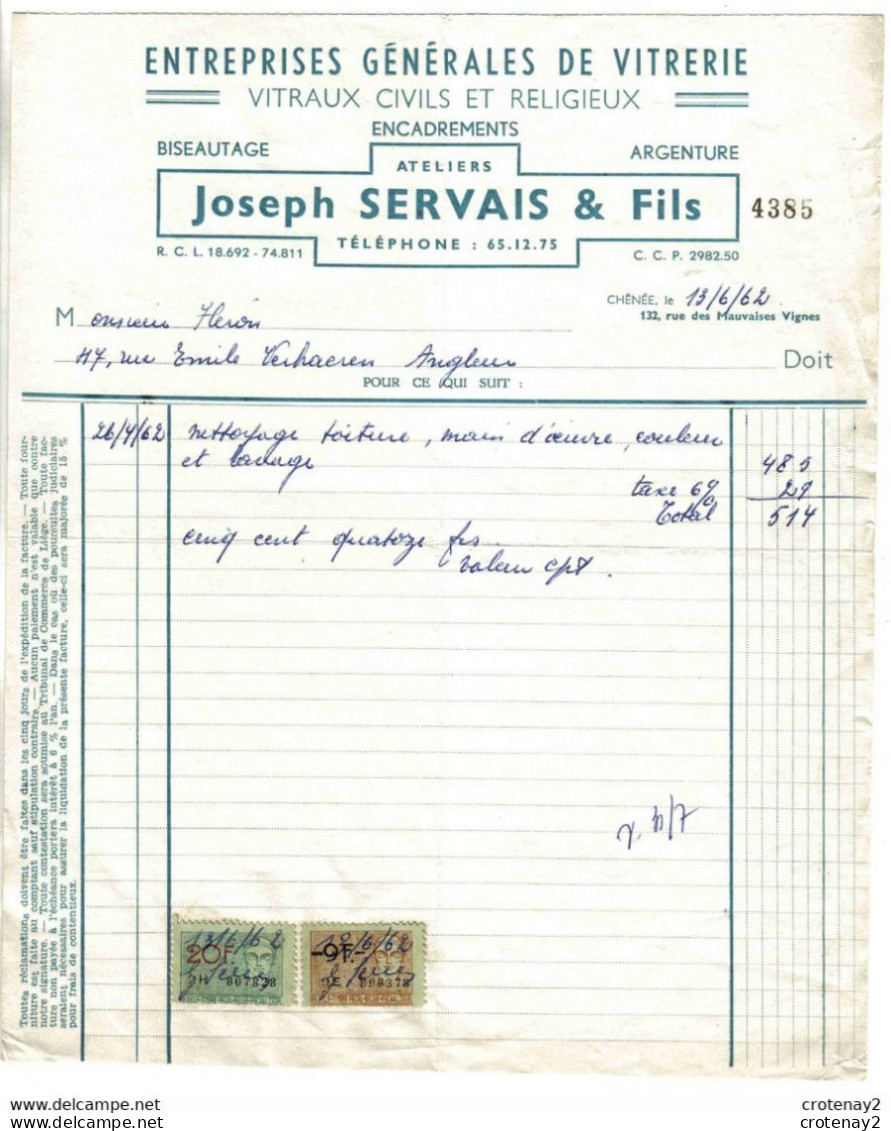 Facture De 1962 Entreprises Générales De Vitrerie Ateliers Joseph SERVAIS & Fils à Chênée Timbres Fiscaux Belges - 1950 - ...