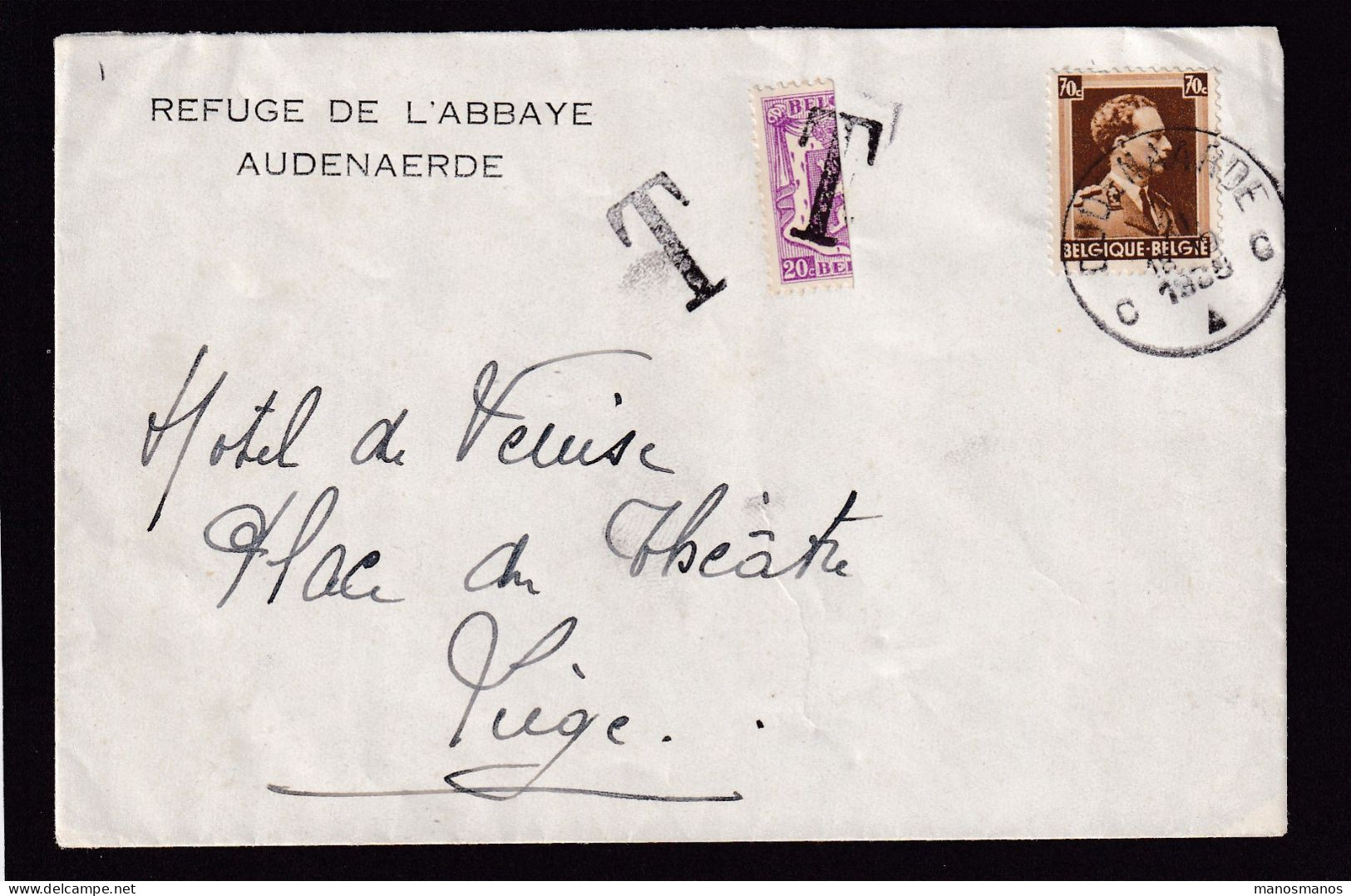 DDFF 389 -- Enveloppe TP Col Ouvert OUDENARDE 1935 - Taxée à LIEGE 10 C (RARE Petit Sceau 20 C Coupé En 2) - Covers & Documents