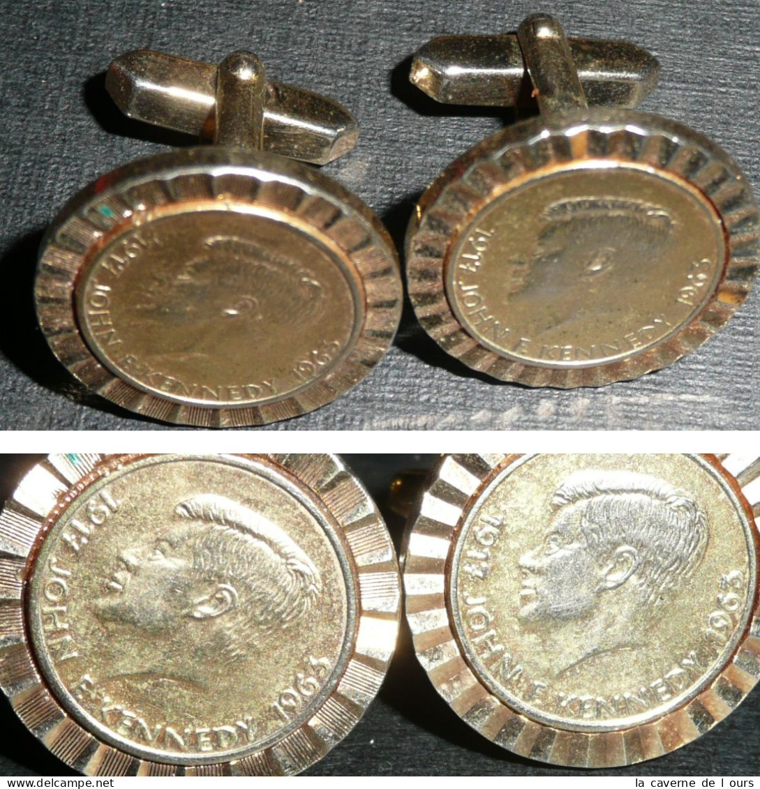 Rare Paire De Boutons De Manchettes En Laiton, Avec Simili-pièce De Monnaie John-Fitzgerald KENNEDY 1917-1963 Manchette - Autres & Non Classés