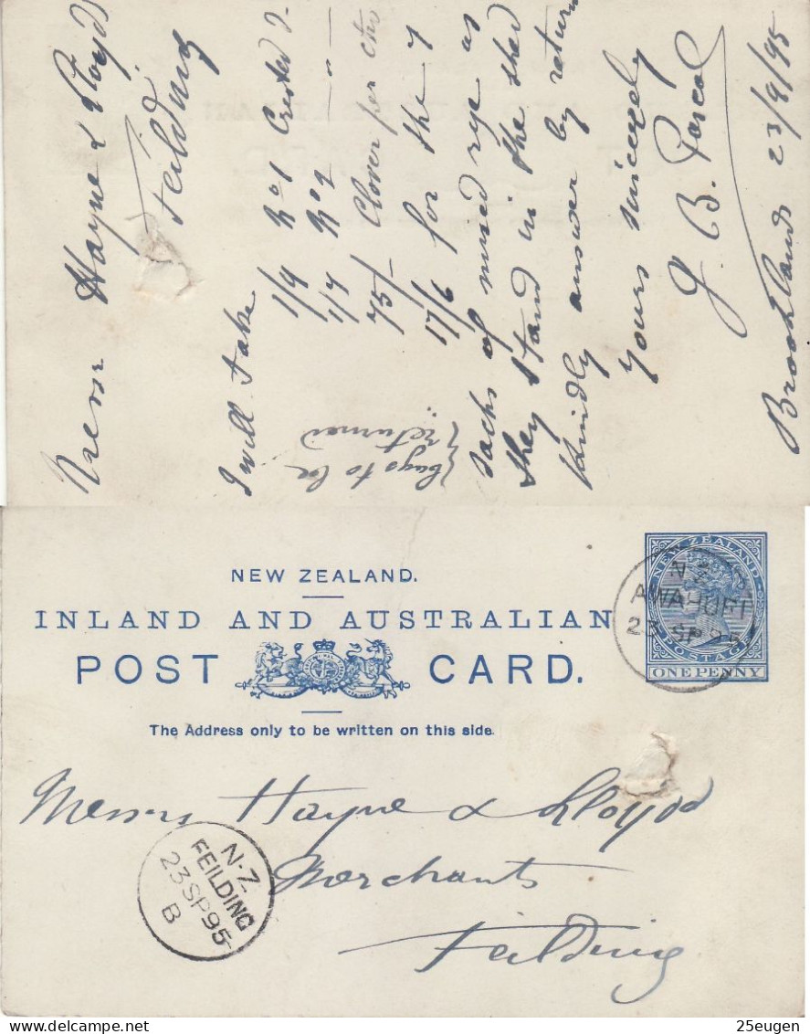 NEW ZEALAND 1895 POSTCARD SENT TO FIELDING - Briefe U. Dokumente