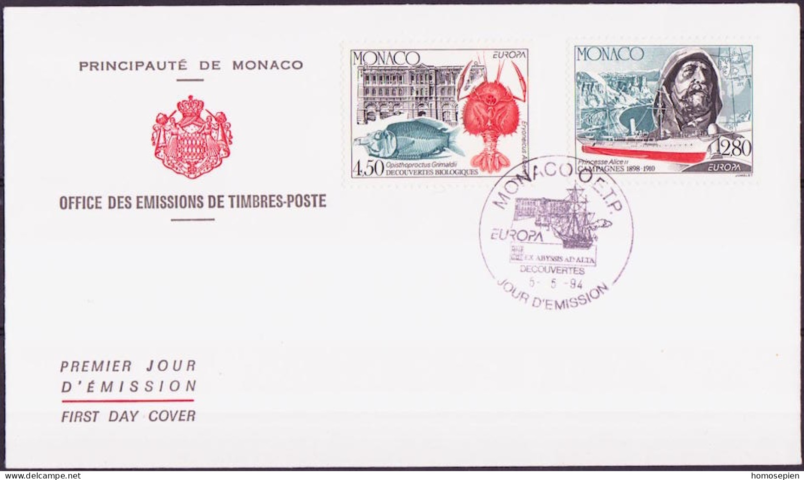 Europa CEPT 1994 Monaco FDC Y&T N°1935 à 1936 - Michel N°2178 à 2179 - 1994