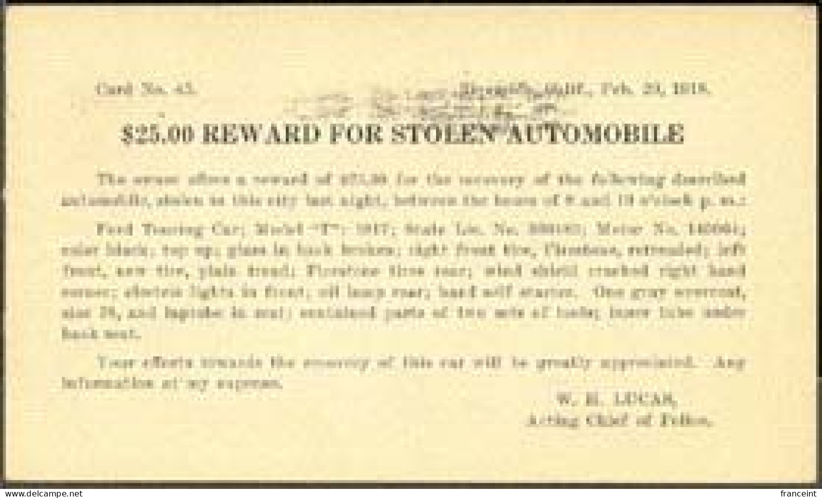 U.S.A.(1918) Auto Theft Reward Card. Postal Card Offering $25 Reward For Recovery Of Ford Touring Card, Model T, Stolen - Souvenirkaarten