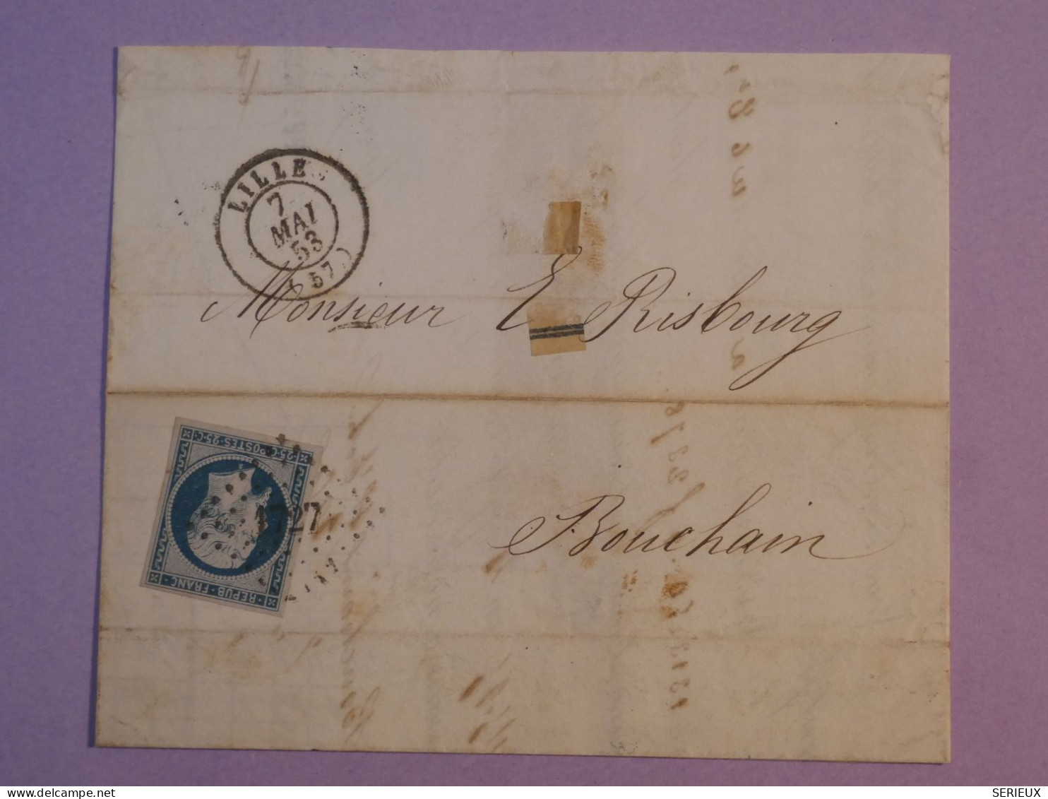 DF0 FRANCE  SUR LETTRE  1853  LILLE A BOUCHAIN     + NAPOLEON 25C   N° 10  + AFF. INTERESSANT++++ - 1852 Luis-Napoléon