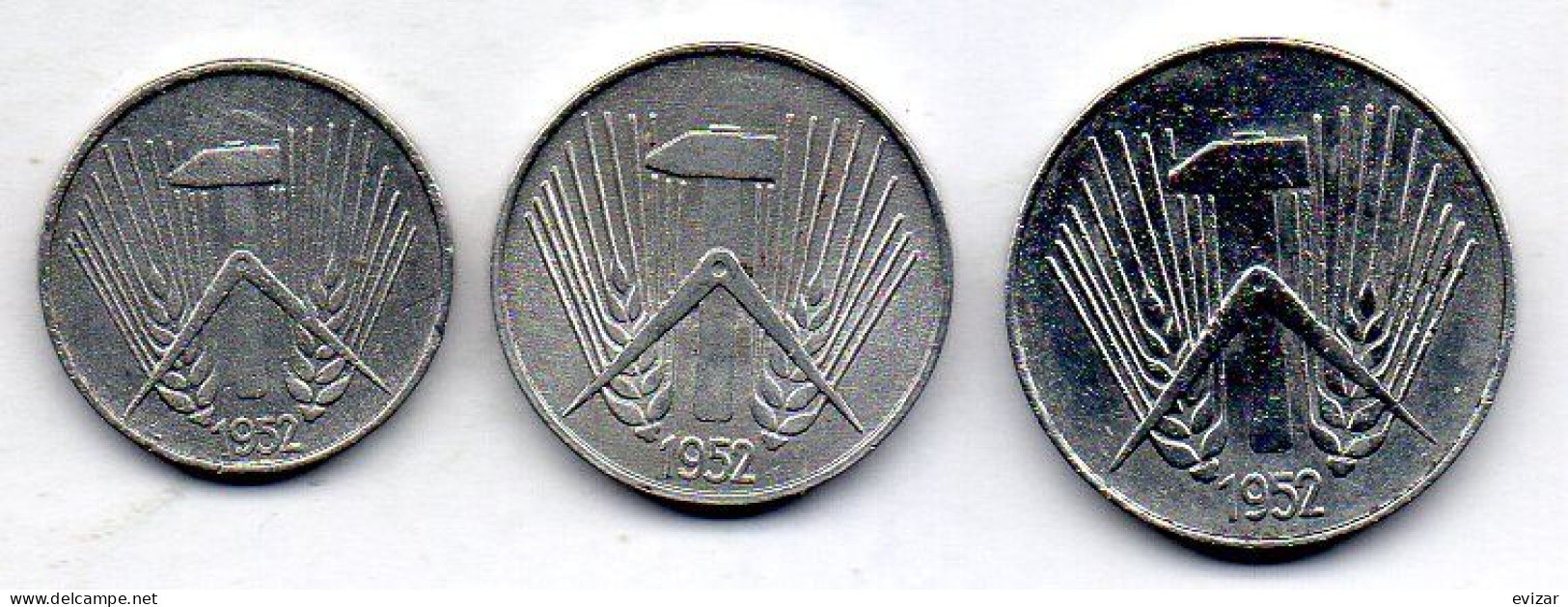 GERMAN DEMOCRATIC REPUBLIC, Set Of Three Coins 1, 5, 10 Pfennig, Aluminum, Year 1952, KM # 5, 6, 7 - Sonstige & Ohne Zuordnung