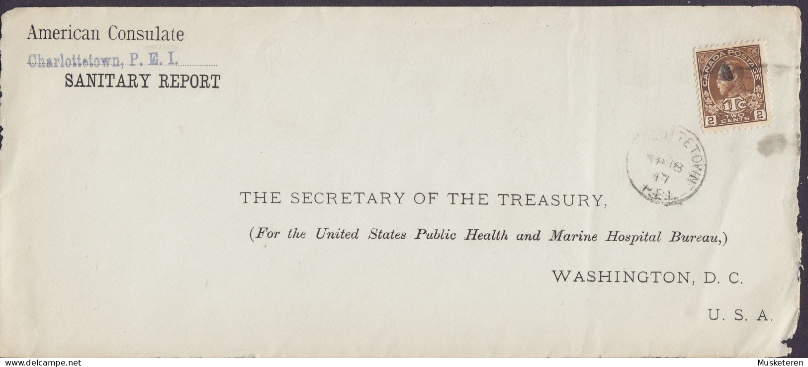 Canada AMERICAN CONSULATE Sanitary Report CHARLOTTETOWN P.E.I. 1917 Cover Brief Lettre (Frontside Only) ITC GV. Stamp - Briefe U. Dokumente