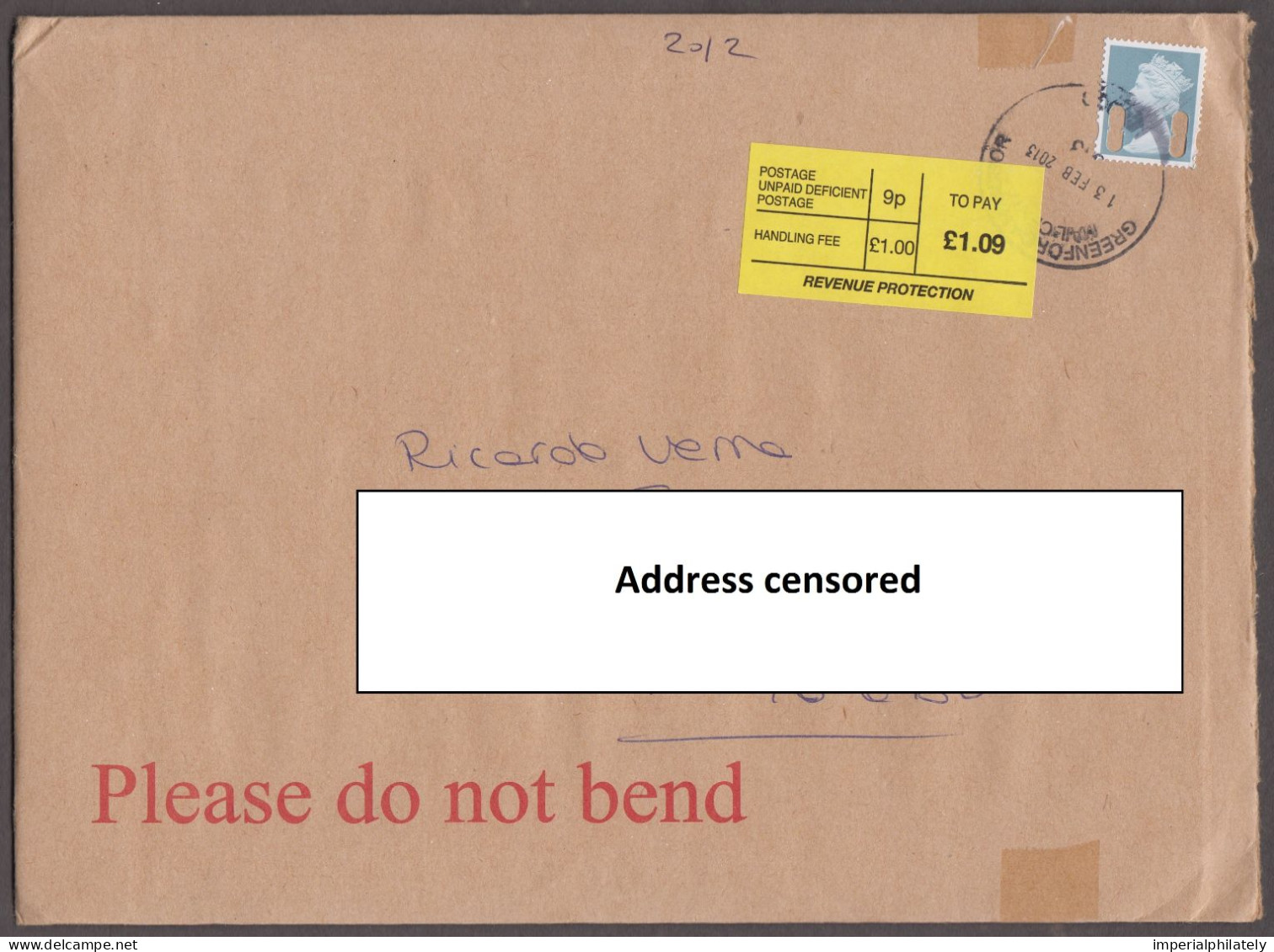 2013 Envelope With QEII Definitive Re-used With Value Missing, Tied By Greenford Cds With "REVENUE PROTECTION" Label - Postage Due