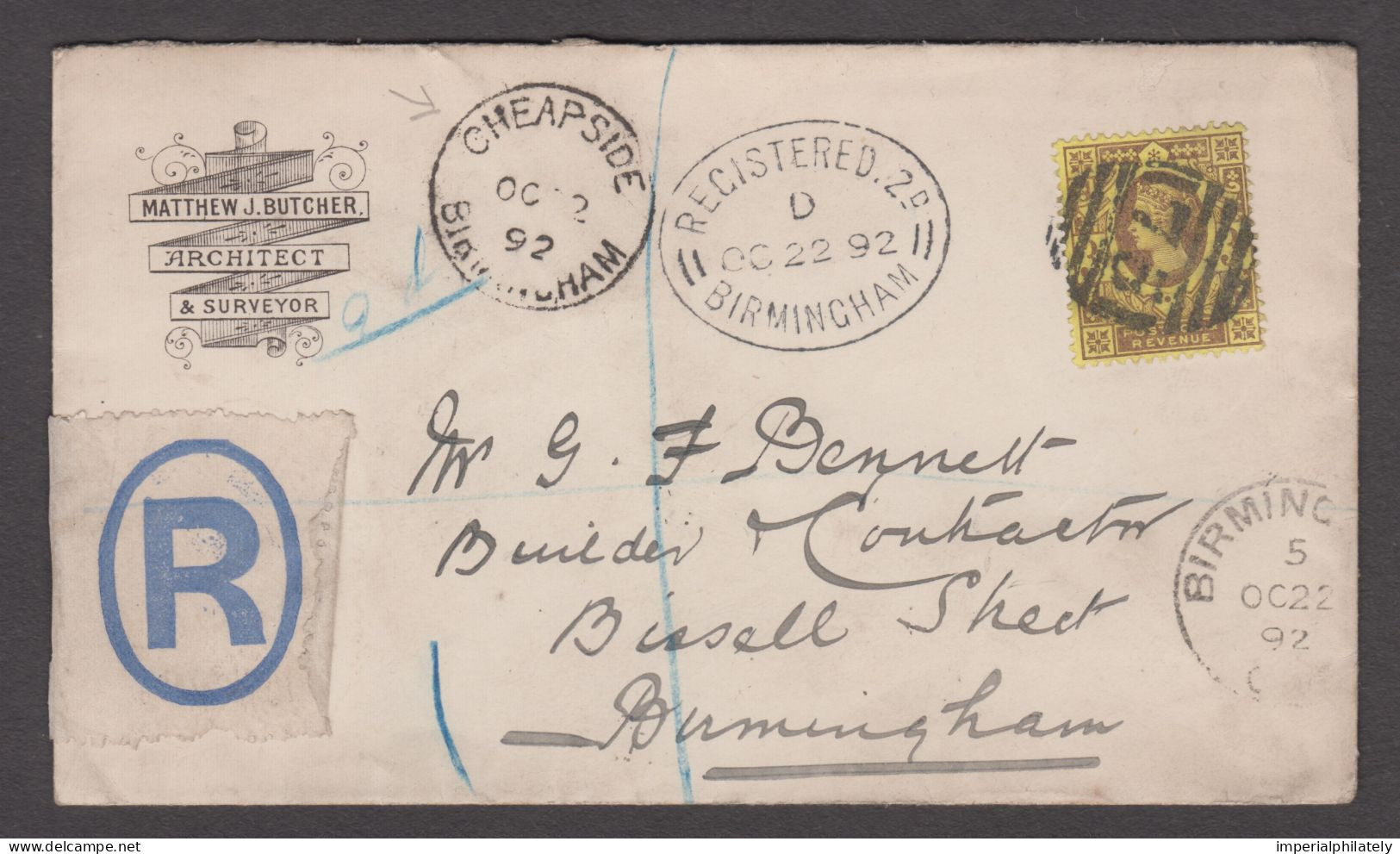 1892 (Oct 22) Advertising Envelope Sent Registered Within Birmingham With 1887 3d Jubilee Tied By "75" Numeral - Briefe U. Dokumente