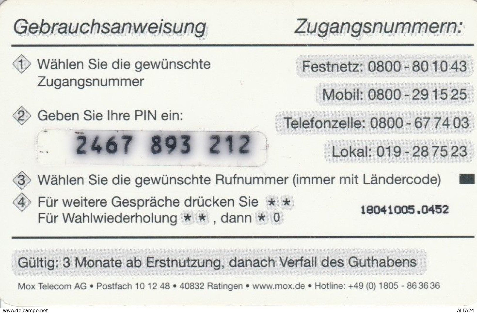 PREPAID PHONE CARD GERMANIA  (PM2203 - GSM, Voorafbetaald & Herlaadbare Kaarten