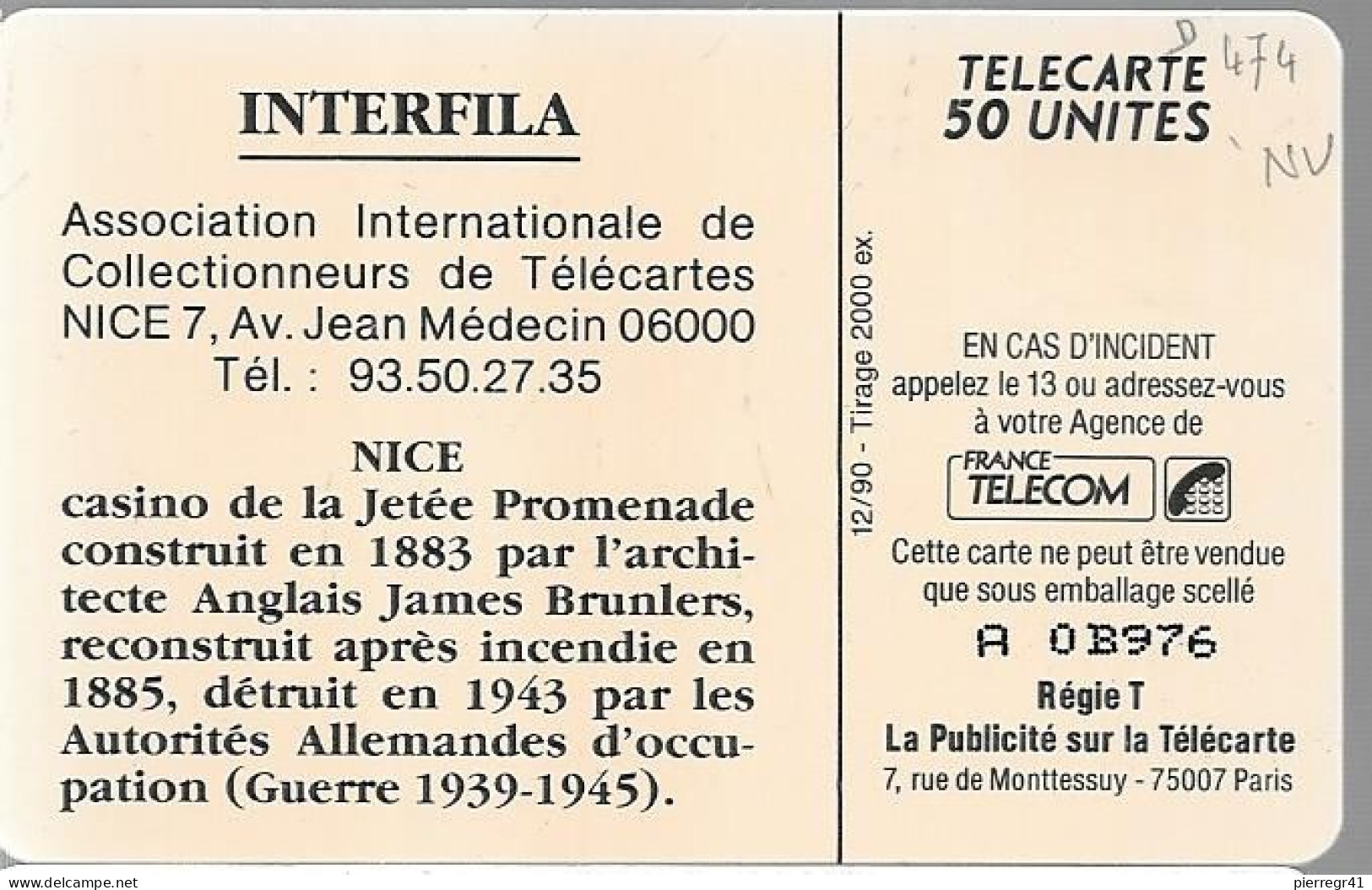 CARTE-PRIVEE-50U-SO3-D474-INTERFILA NICE1--R°Mat Lot A  0B976-2000Ex-Neuve-TBE/LUXE - Ad Uso Privato