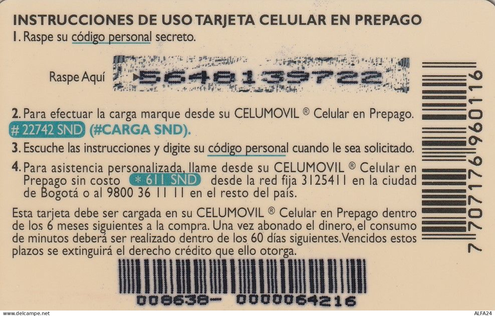 PREPAID PHONE CARD COLOMBIA  (CV4227 - Colombie