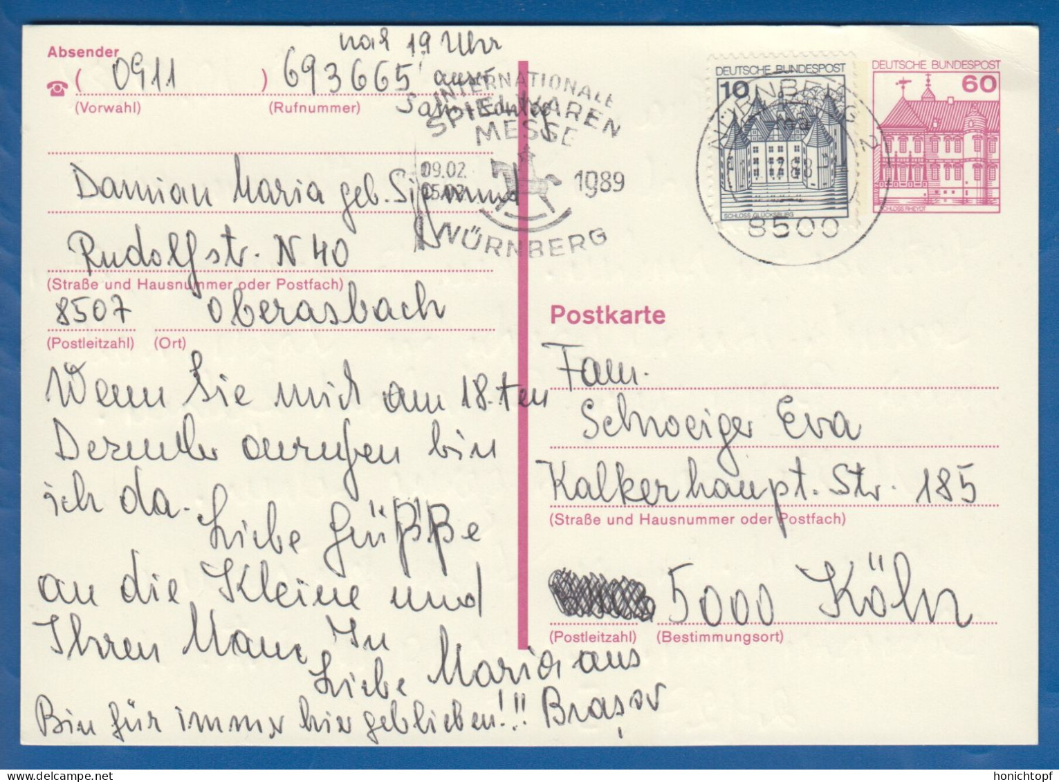 Deutschland; BRD; Postkarte; 10+60 Pf Schloss Rheydt Und Schloss Glücksburg; 1988 - Cartes Postales - Oblitérées