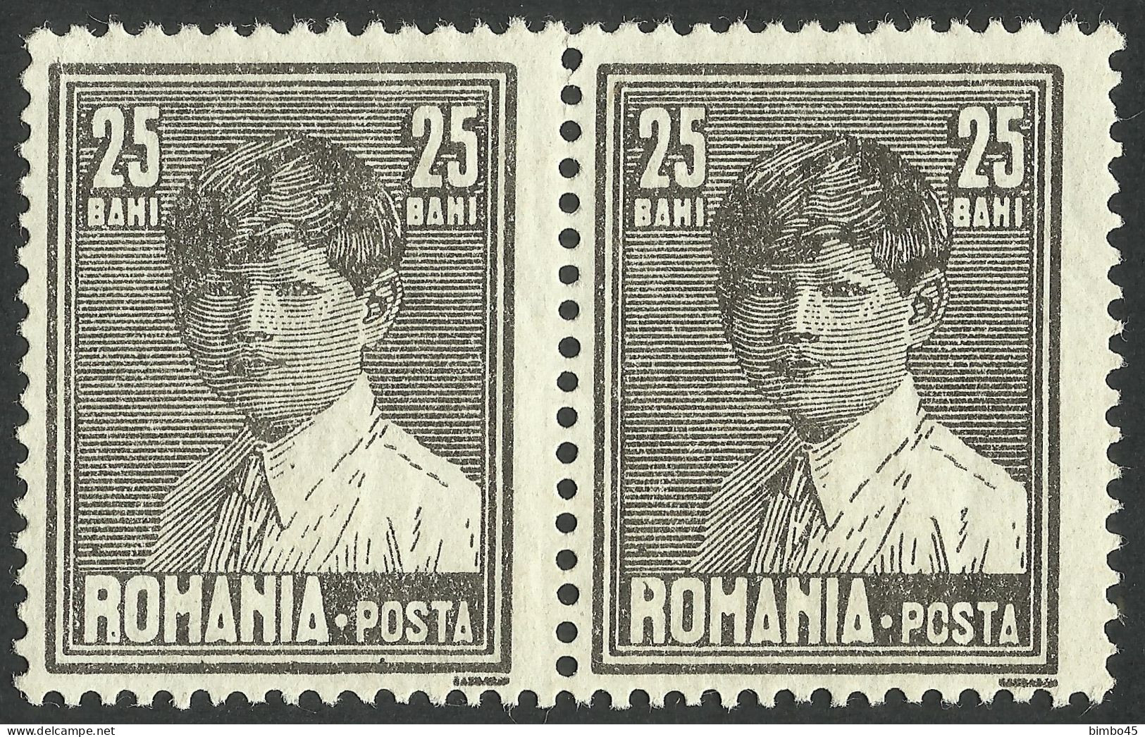 Error  ROMANIA 1928 MIHAI with letter "O" Cut and oblique in "R"  - pair MNH -  perforated 13.1/2, size 19mm x 24.5m