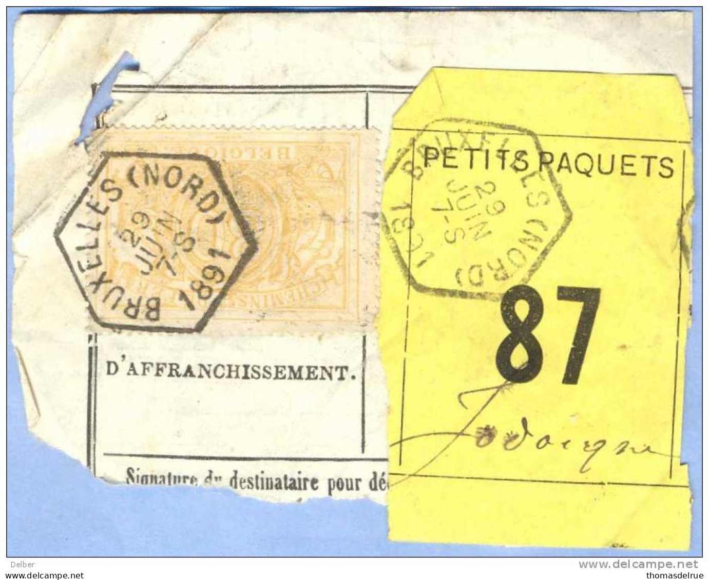 _V759: BRUXELLES(NORD) > Jodoigne:  SP12/ Fragment Met " étiquette " PETITS PAQUETS: N° 87: Type B: - Documents & Fragments