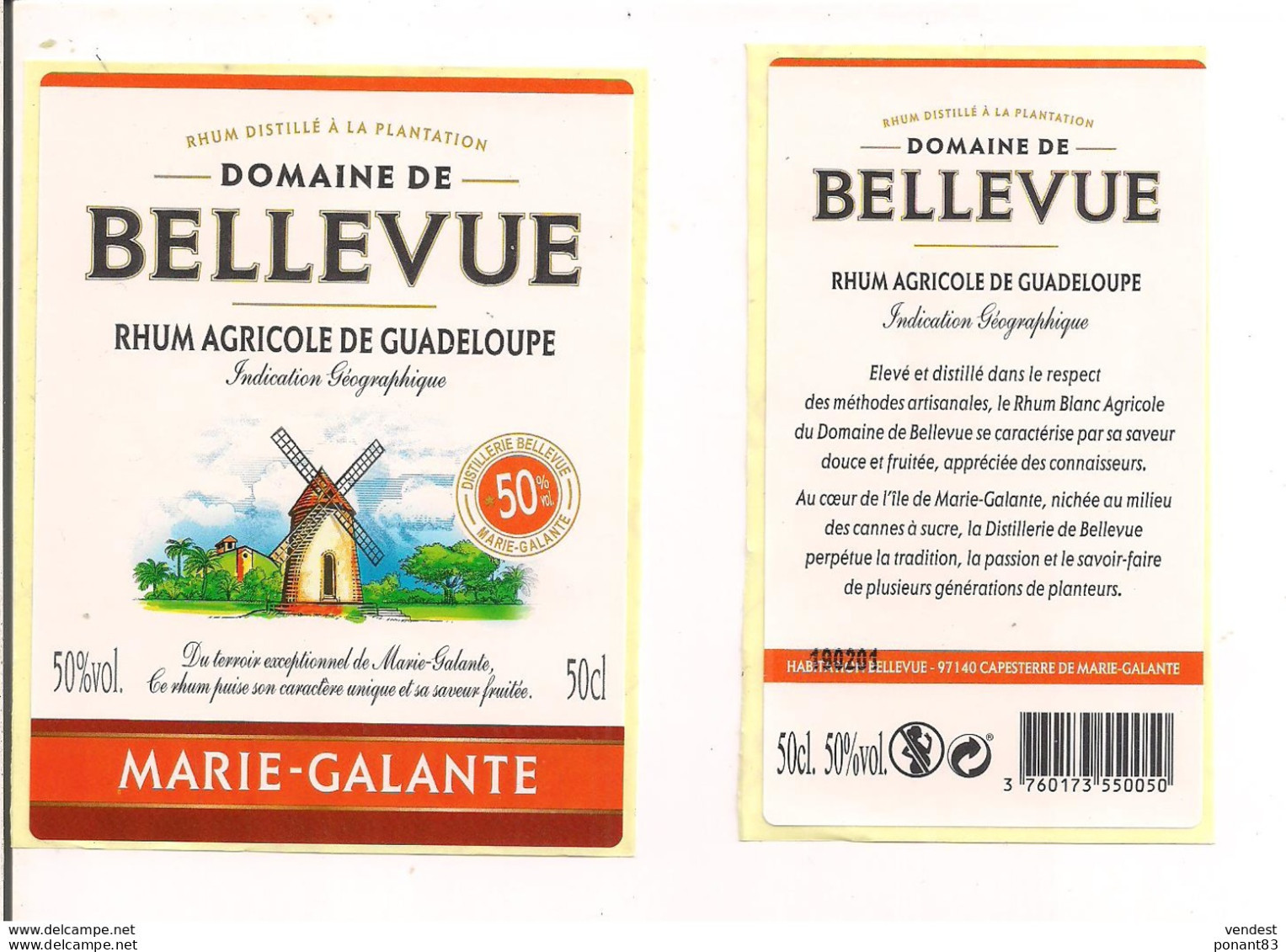 Etiquette Rhum Agricole - Domaine De  Bellevue - 50c L-  50% - Marie Galante - GUADELOUPE -  Thème Moulin - - Rhum