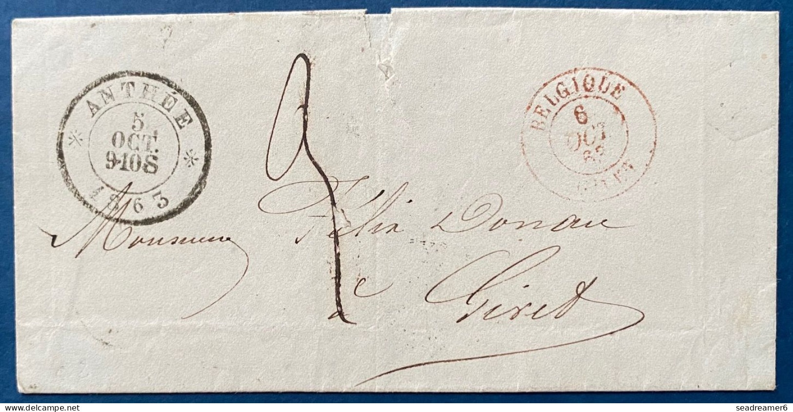 LETTRE Tarif Frontalier 5 OCT 1863 Cachet De Distribution " ANTHÉE " Pour GIVET + Entrée Rouge N°585 " BELG. / GIVET " - Doorgangstempels