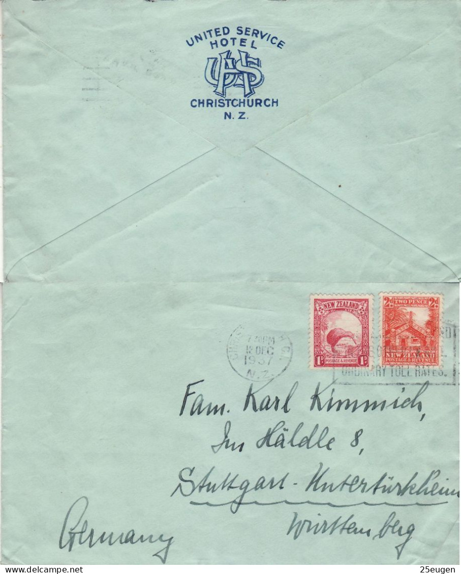 NEW ZEALAND 1937 LETTER SENT FROM CHRISTCHURCH TO STUTTGART - Lettres & Documents