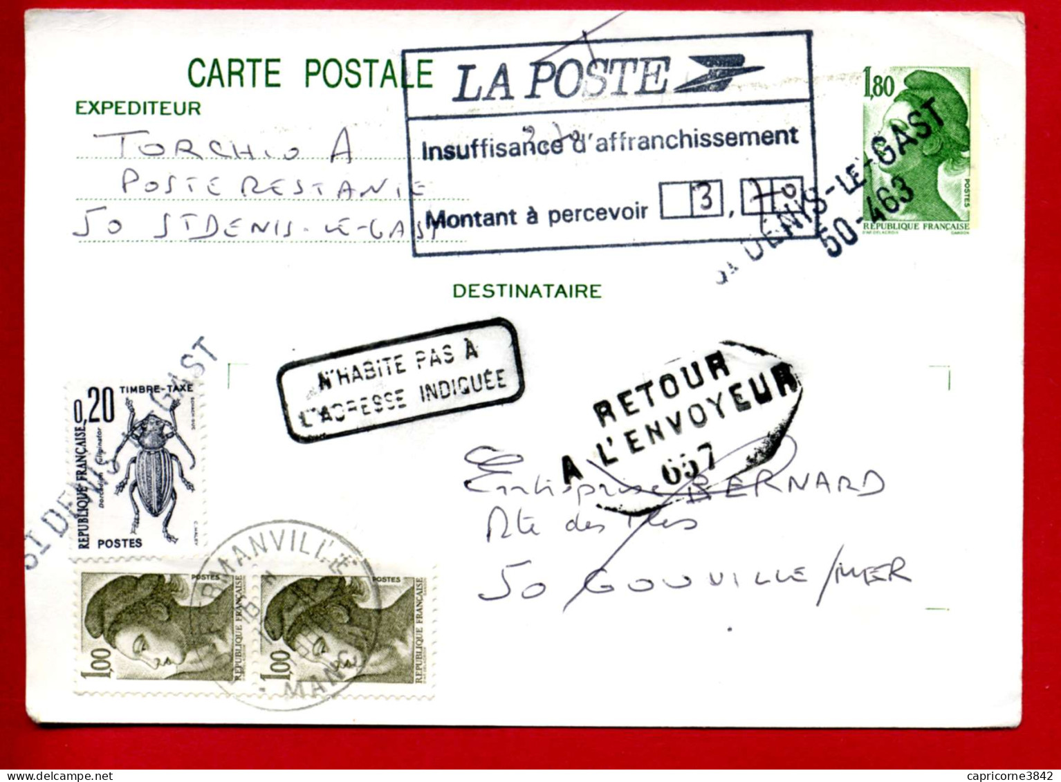 1988 -Entier Postal Pour Gouville S/Mer (50) Taxe Insuffisance D'affranchis.- Retour à L'envoyeur- Taxe Poste Restante - 1960-.... Covers & Documents