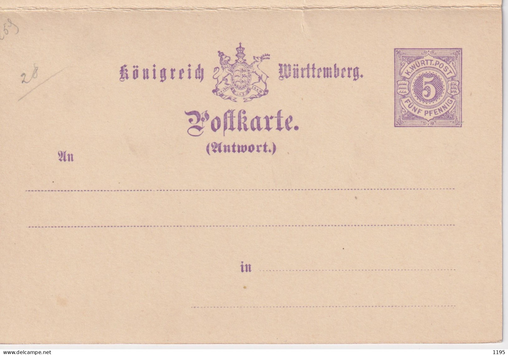 Württenberg Postkate Mit Antwortkarte, (06587), Ungebraucht - Ganzsachen