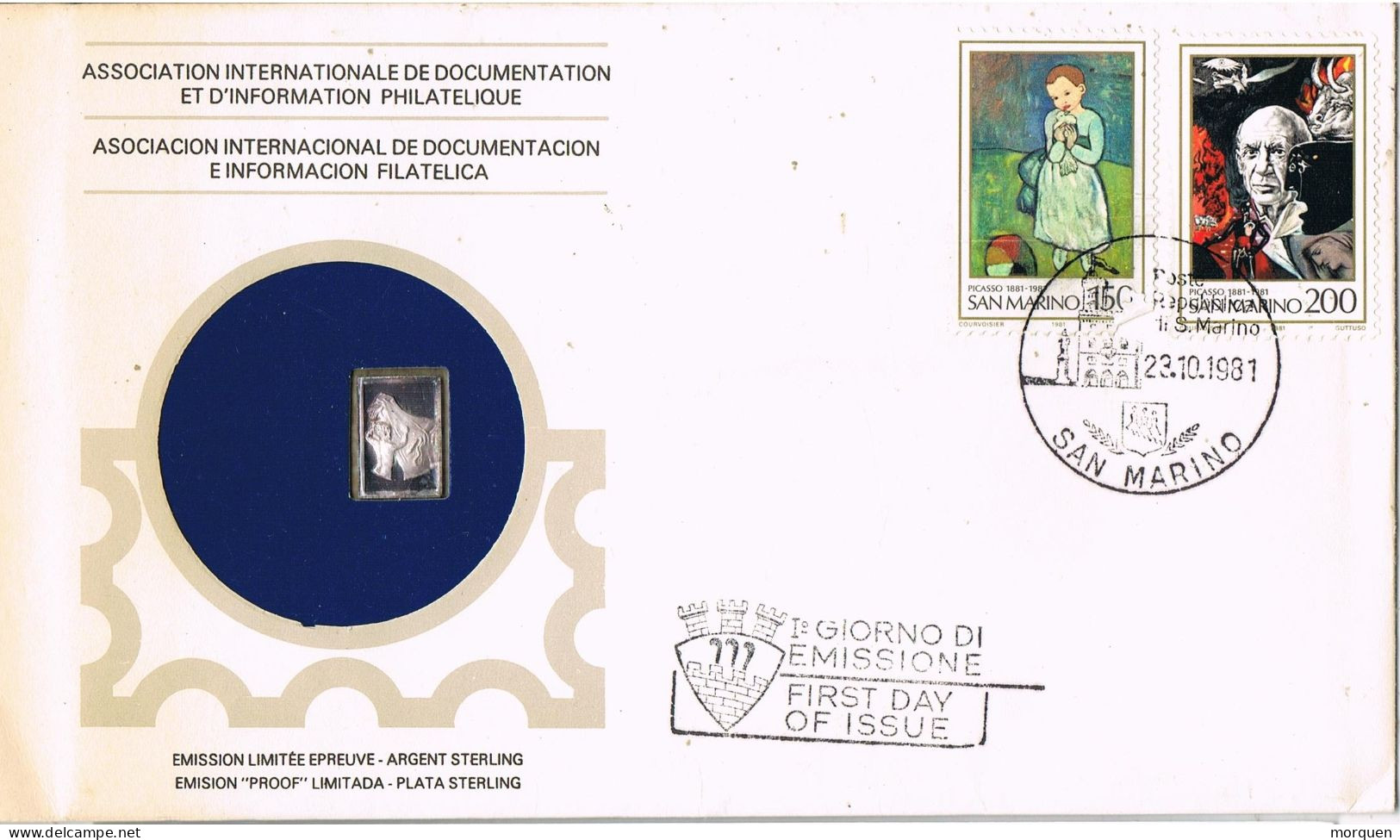 53249. Carta SAN MARINO 1981. PABLO PICASSO. Medalla Plata, Silver Sterling - Lettres & Documents