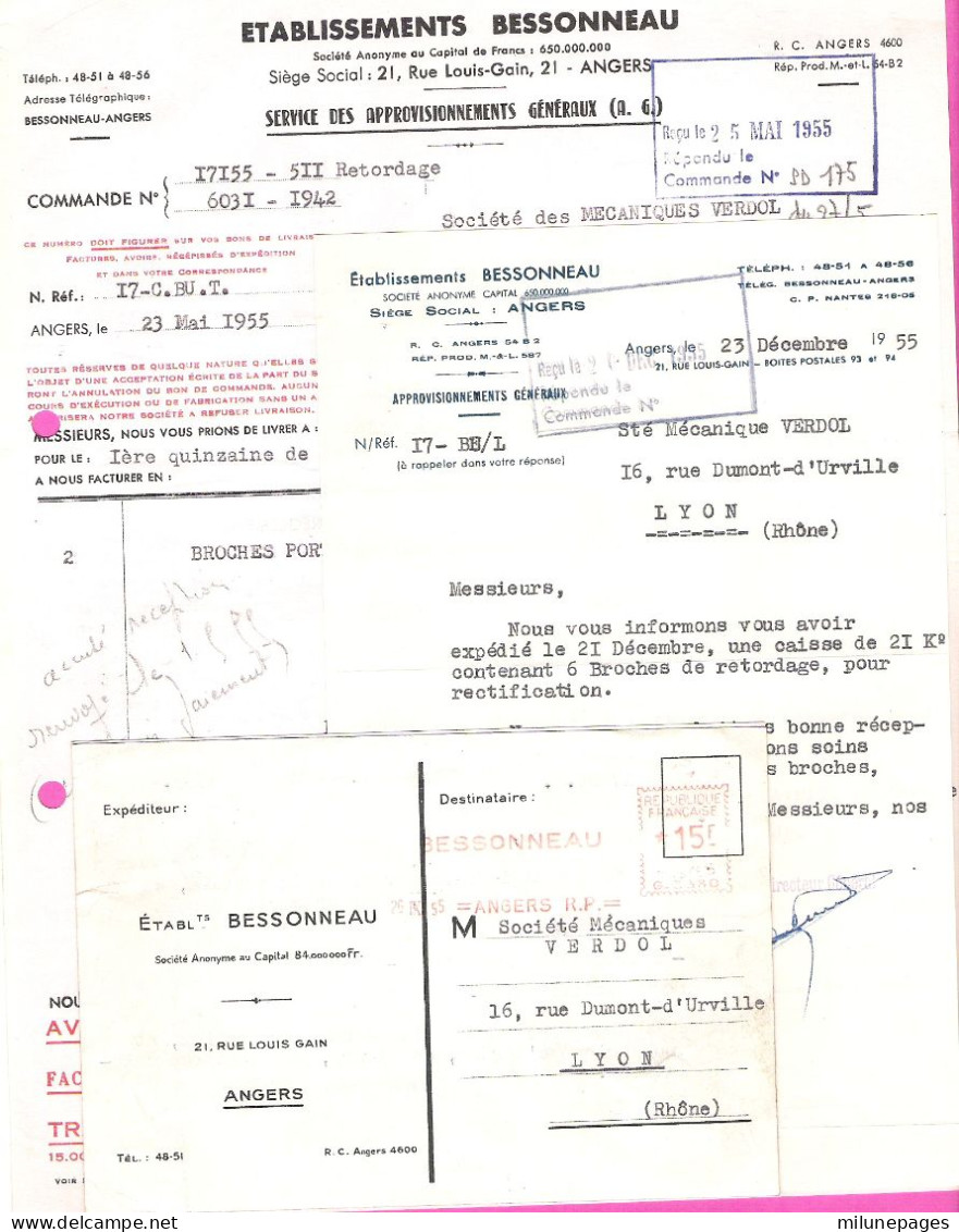 Lot Ets Bessonneau à Angers Publicité Tentes De Camping , Factures En-tête Et Carte Postale Avec EMA Rouge 1955 - Vestiario & Tessile
