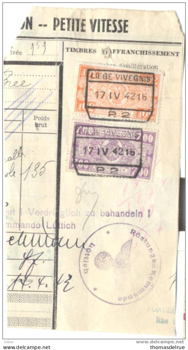 _T862:fragment Vrachtbrief Met: SP252 & 257: LIEGE VIVEGNINS // P.2 + Censurestempel: Rüstungs=kommando Lüttich - Weltkrieg 1939-45 (Briefe U. Dokumente)