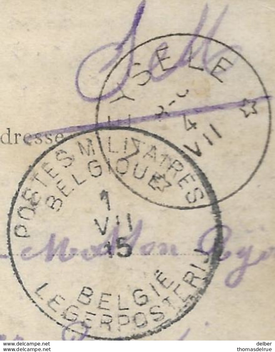 Op 406: S.M. : _ PMB _ BLP 1 VII 15 > * LEYSELE * 4 VII __ [1915]:sterstempel /pk:Fécamp- Départ Du Navire Terre Neuvier - Zone Non Occupée