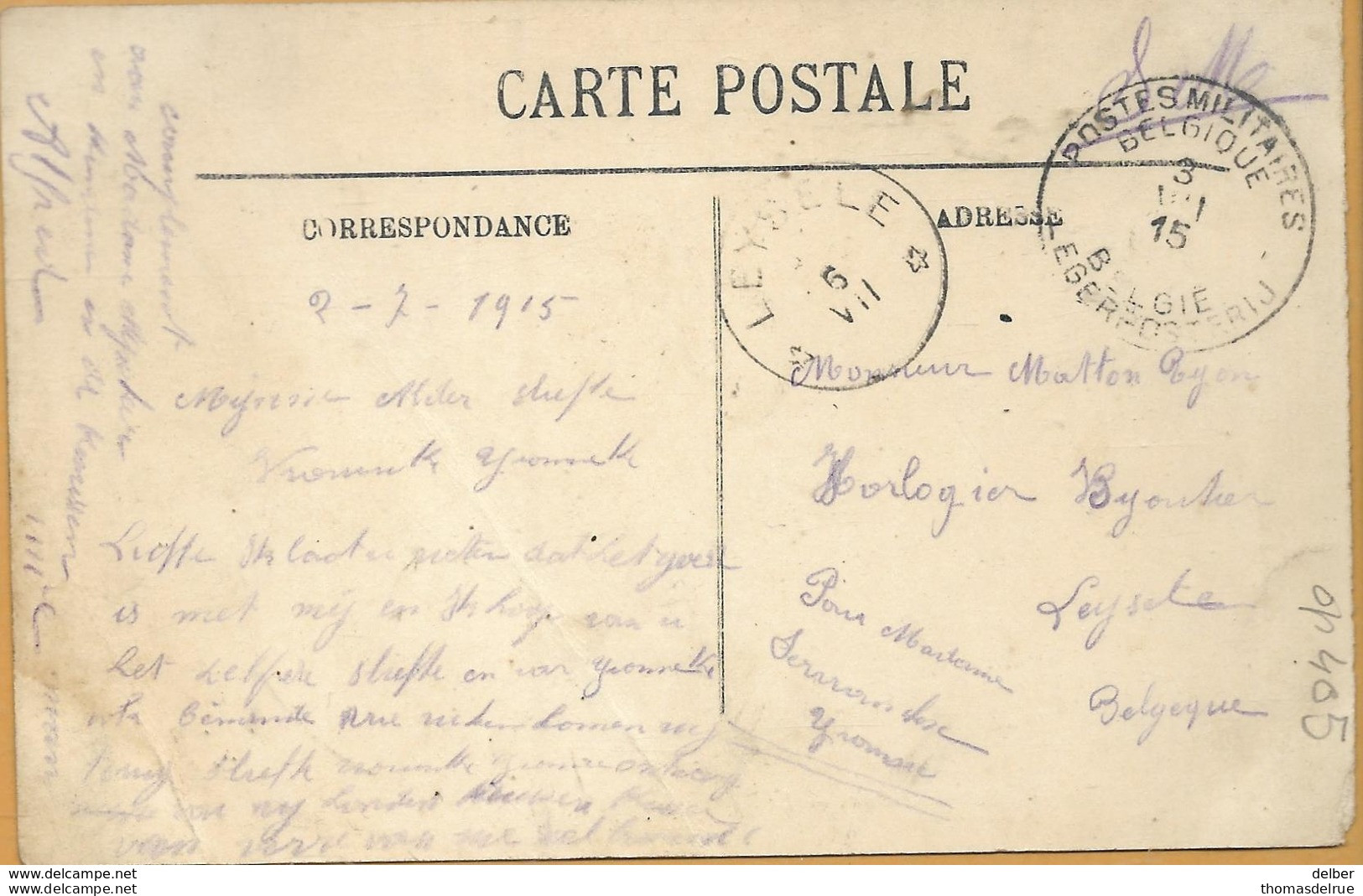 Op 405 S.M. : _ PMB _ BLP 3 VII 15 > * LEYSELE *  VII __ [1915]:sterstempel /pk:36 Calais-La Gare  Maritime - Unbesetzte Zone