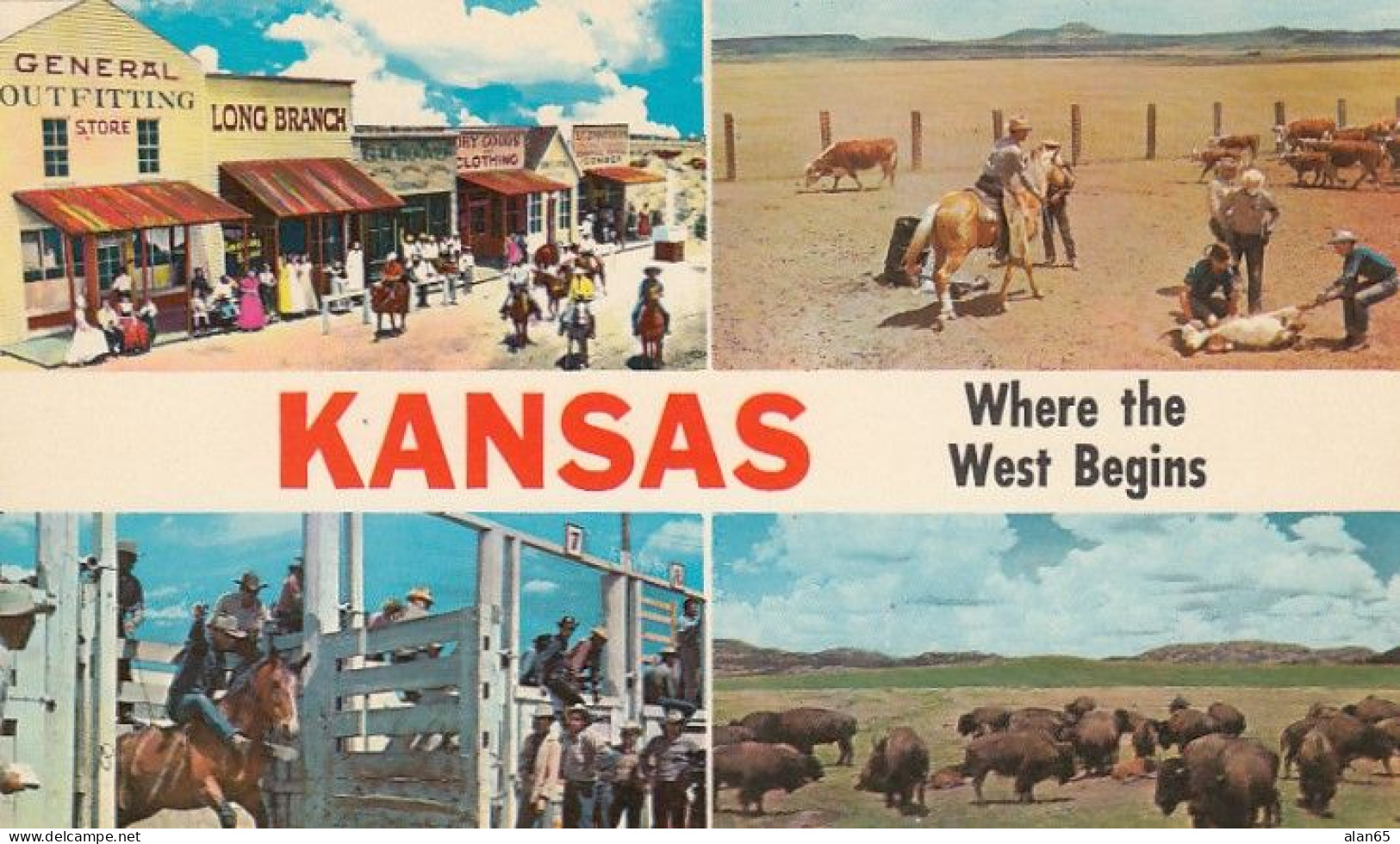 Kansas ' Where The West Begins' Bison American Buffalo Herd, Rodeo, Cowboys Branding Cattle, C1960s Vintage Postcard - Otros & Sin Clasificación