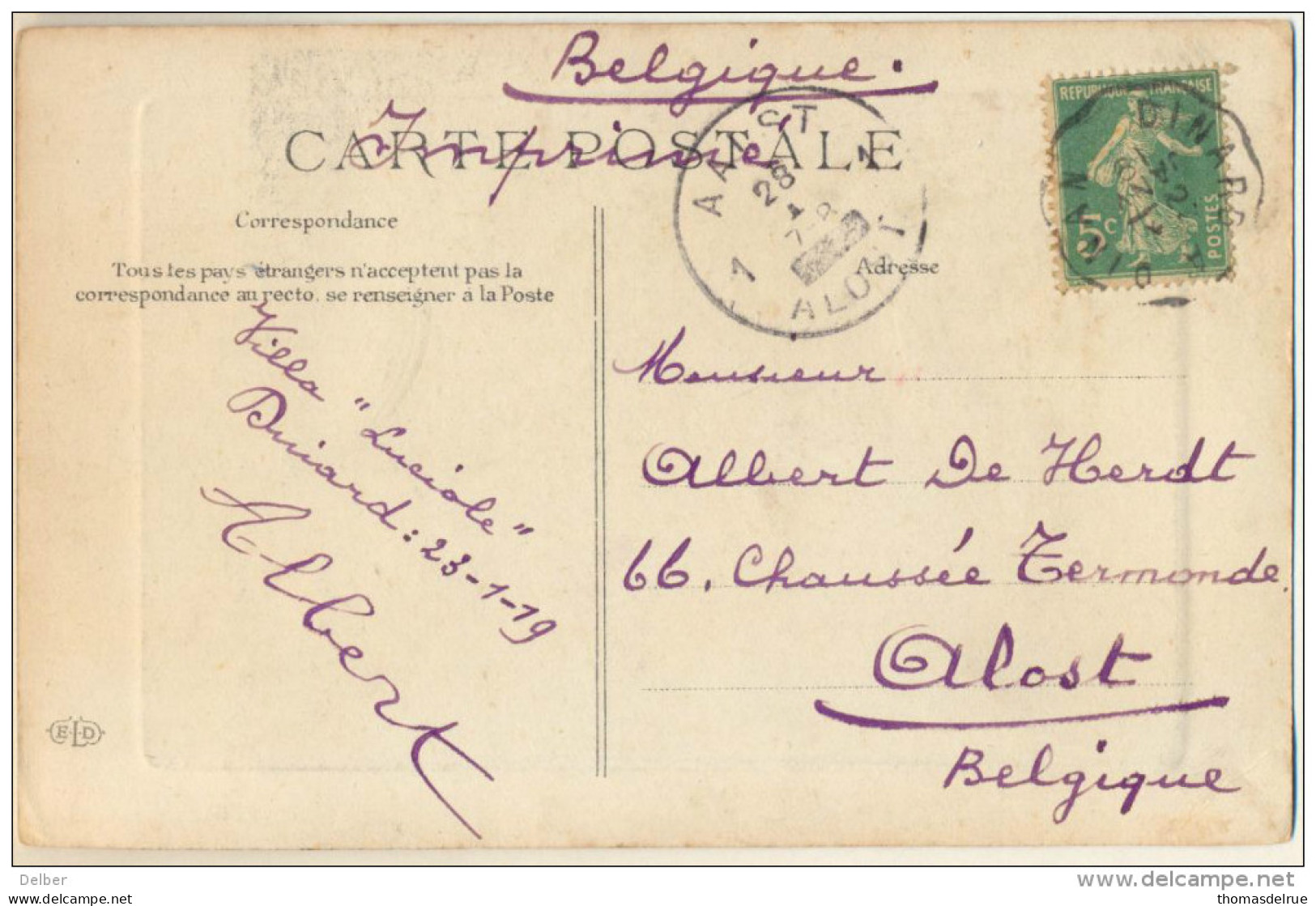 4cp-925: Noodstempel:1 AALST 1 ALOST [_]: Geen Jaartal: 5ct Semeuse: Convoyeur: DINARD à DINAN: En Bretagne: Les Trois - Fortune (1919)