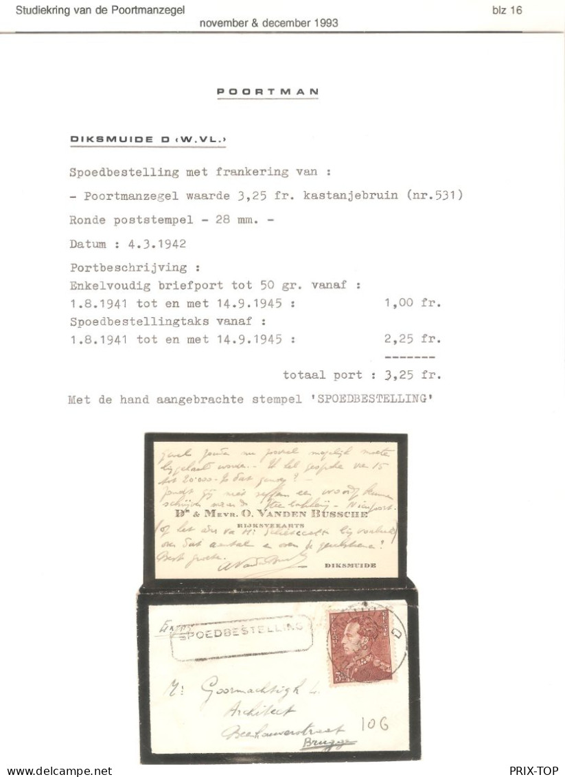 TP 531 Poortman S/L. Format C.V. En Exprès Obl. Diksmuide 4/3/41 C. Unilingue SPOEDBESTELLING > Brugge - WW II (Covers & Documents)