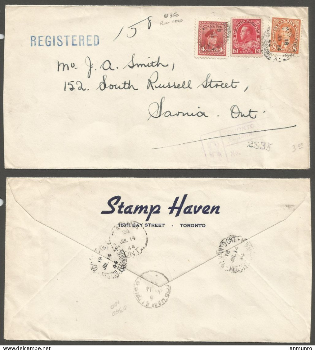 1944 Stamp Haven Dealer Registered Cover 14c Admiral/Mufti/War RPO Toronto Ontario - Postgeschiedenis