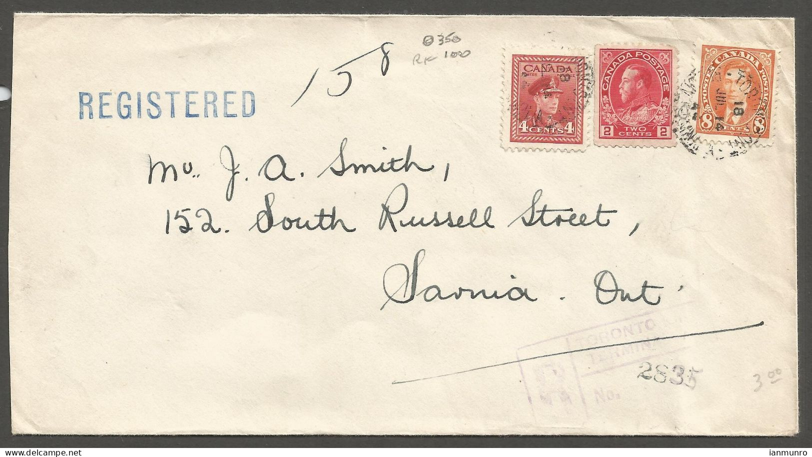 1944 Stamp Haven Dealer Registered Cover 14c Admiral/Mufti/War RPO Toronto Ontario - Postgeschiedenis