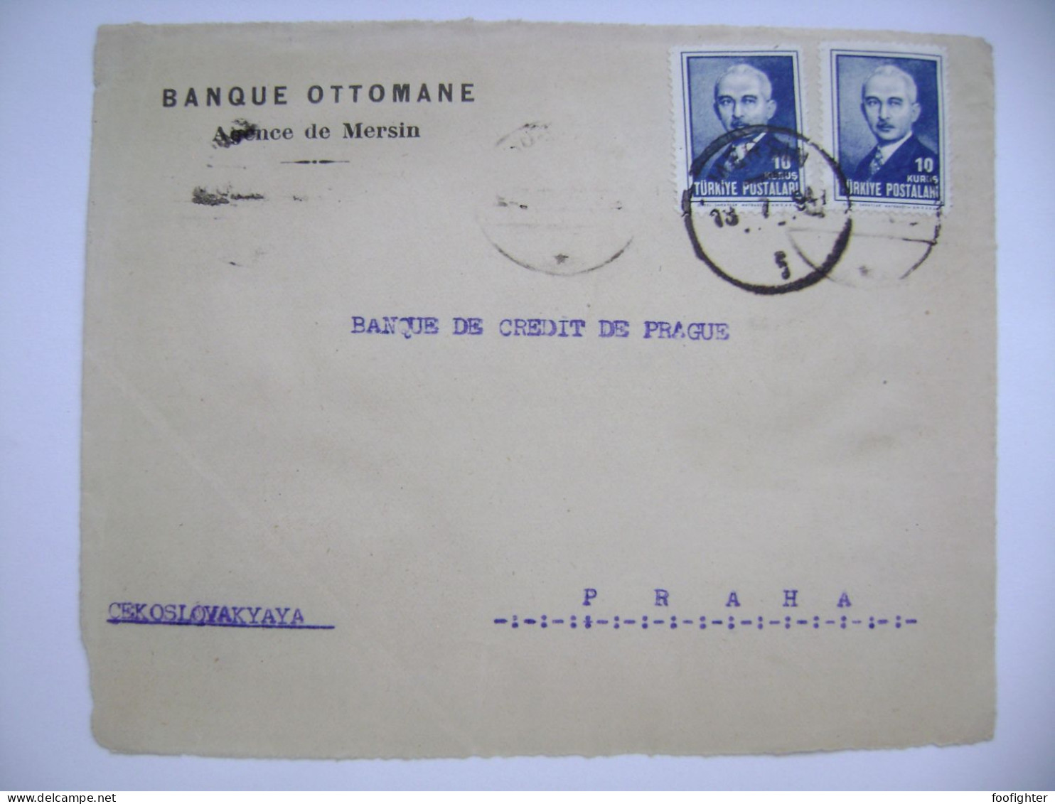 Banque Ottomane (Ottoman Bank) MERSIN, I. Inonu 10+10 K., Front Side From Cover Only, 1 Stamp Missing - Czechoslovakia - Briefe U. Dokumente