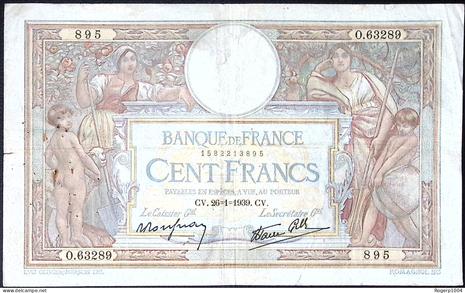 FRANCE * 100 Francs LOM * Date 26/01/1939 * Etat/Grade TTB/VF * Fay 25.39 * Papier Chiffon - 100 F 1908-1939 ''Luc Olivier Merson''