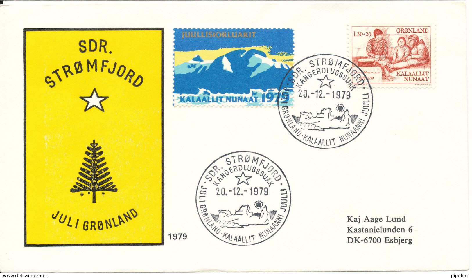 Greenland Cover Sent To Denmark With Special Christmas Cancel, Seal And Cachet Sdr. Stromfjord 20-12-1979 - Brieven En Documenten